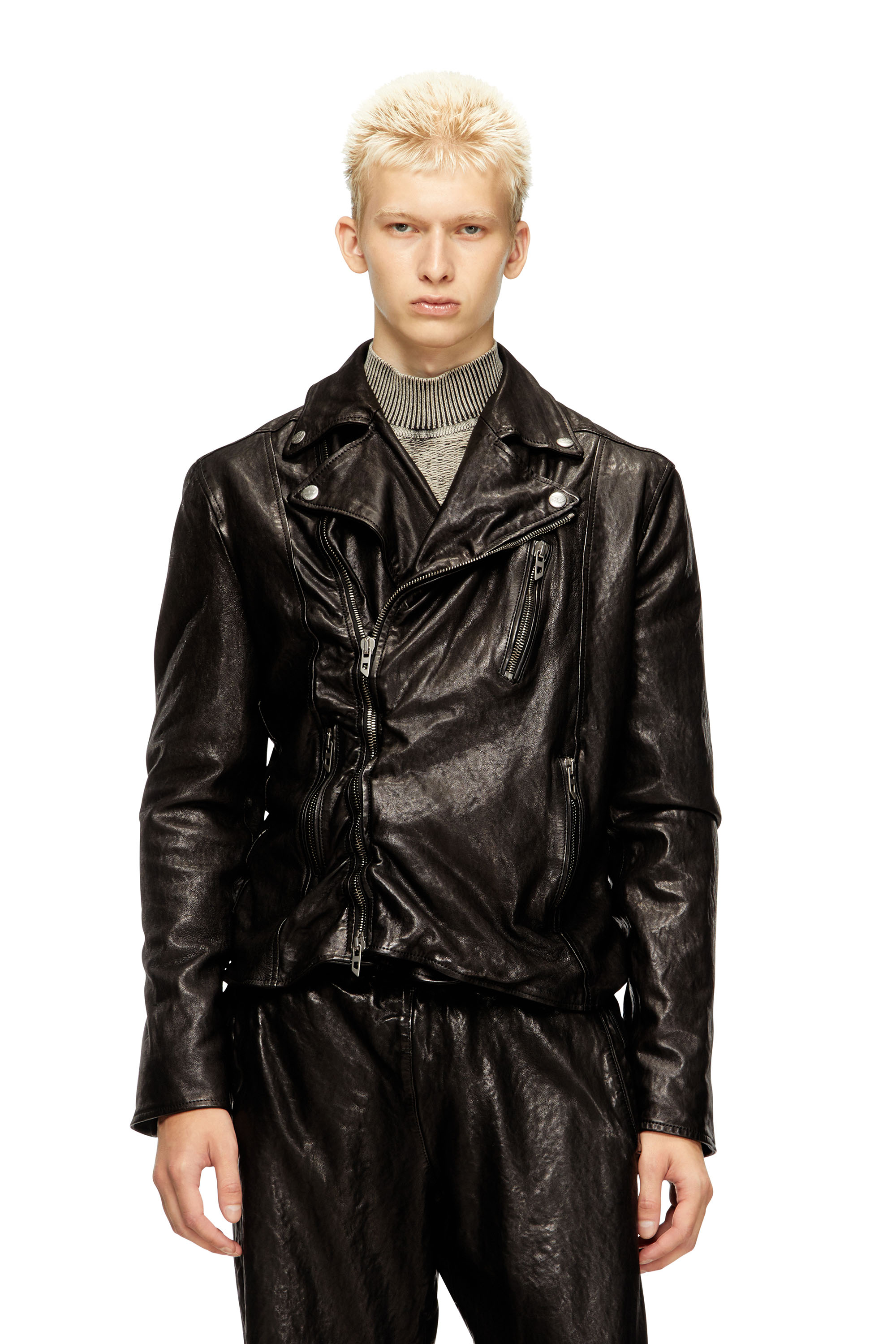 Diesel - L-UNCAN, Man's Biker jacket in boiled leather in Black - 3