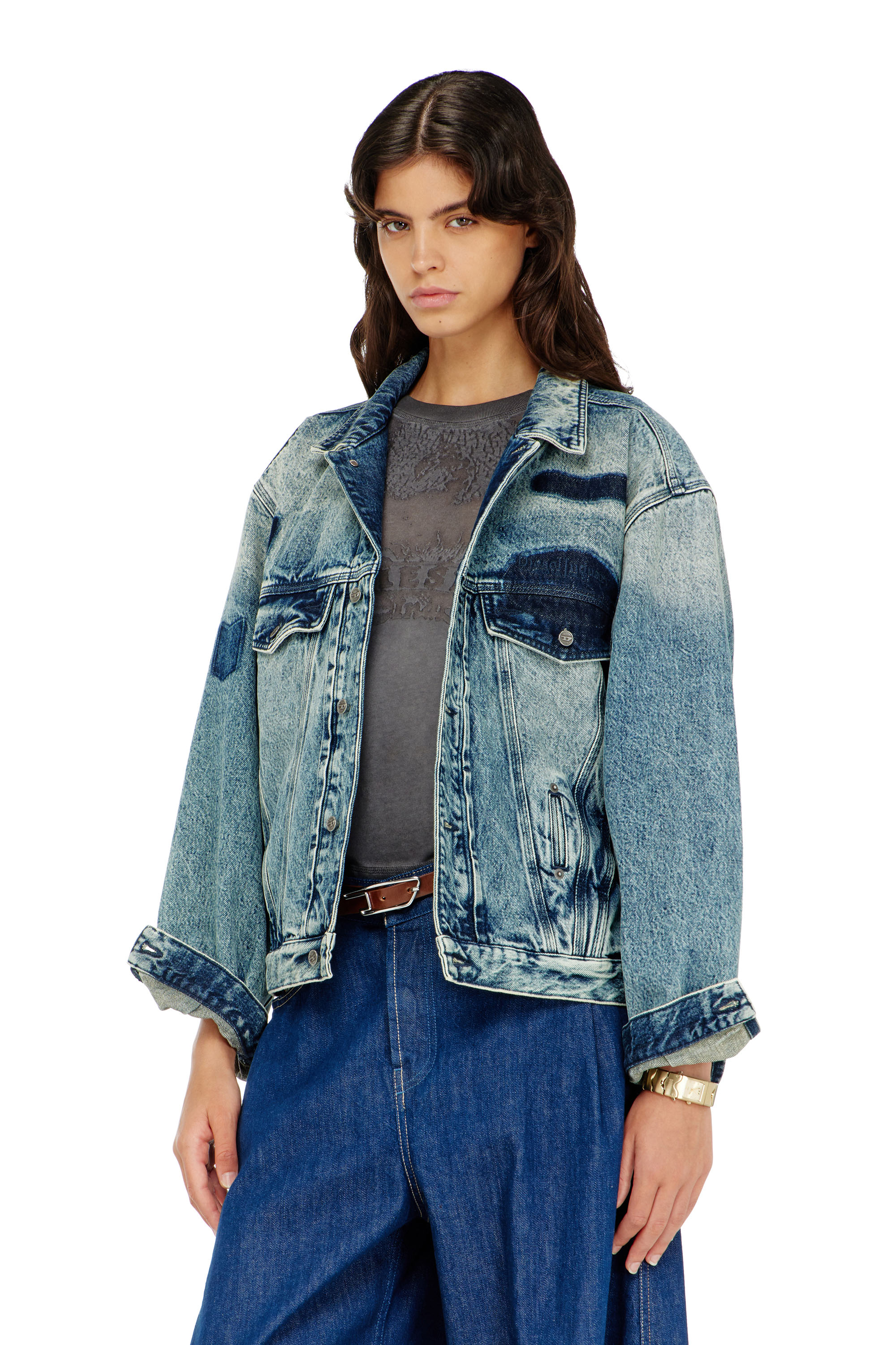 Diesel - D-DENVER-S2, Unisex's Trucker jacket with patch effects in Medium blue - 3