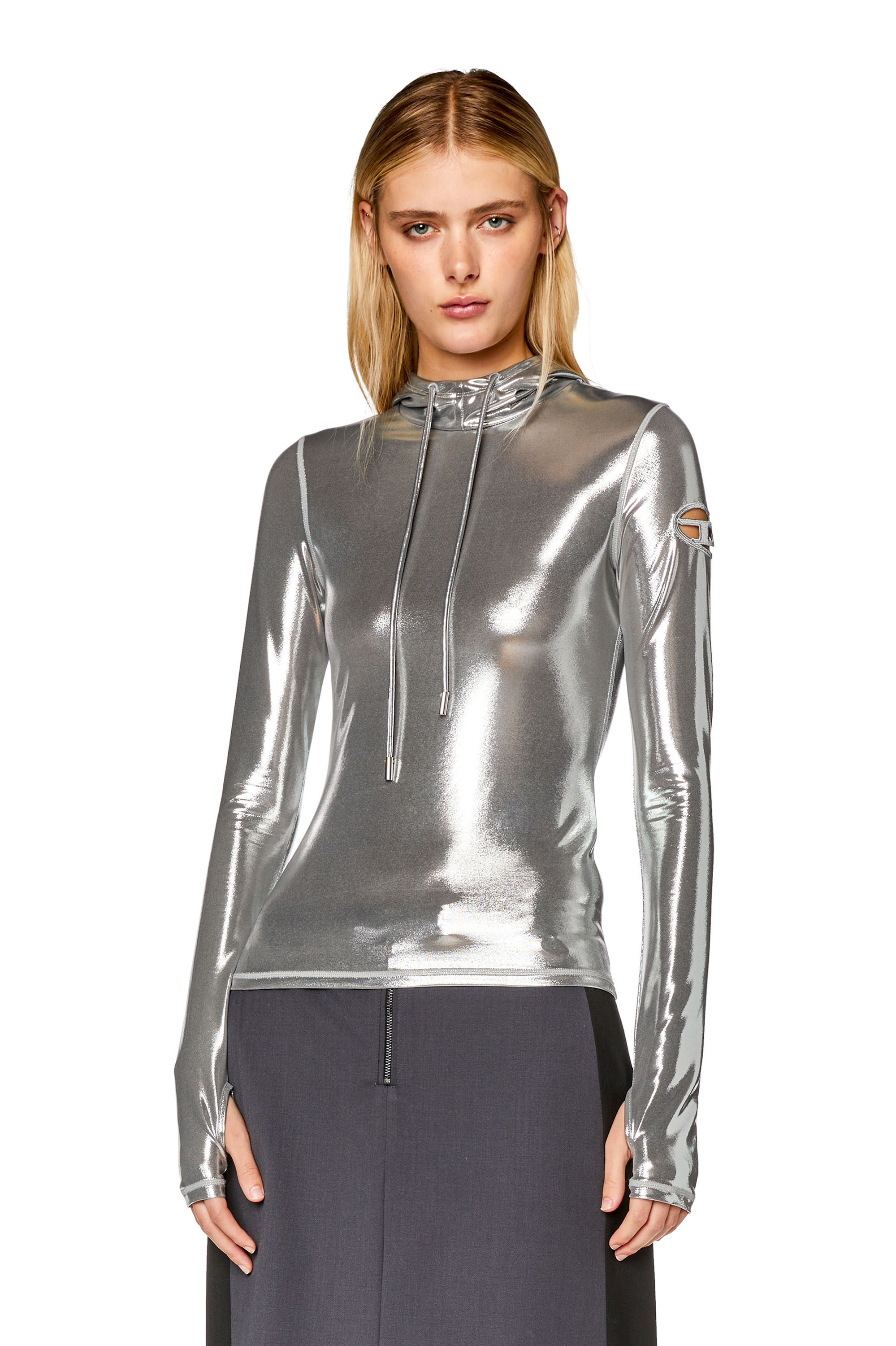 Diesel - T-METAL-L1, Woman Hoodie with shiny foil coating in Silver - Image 1