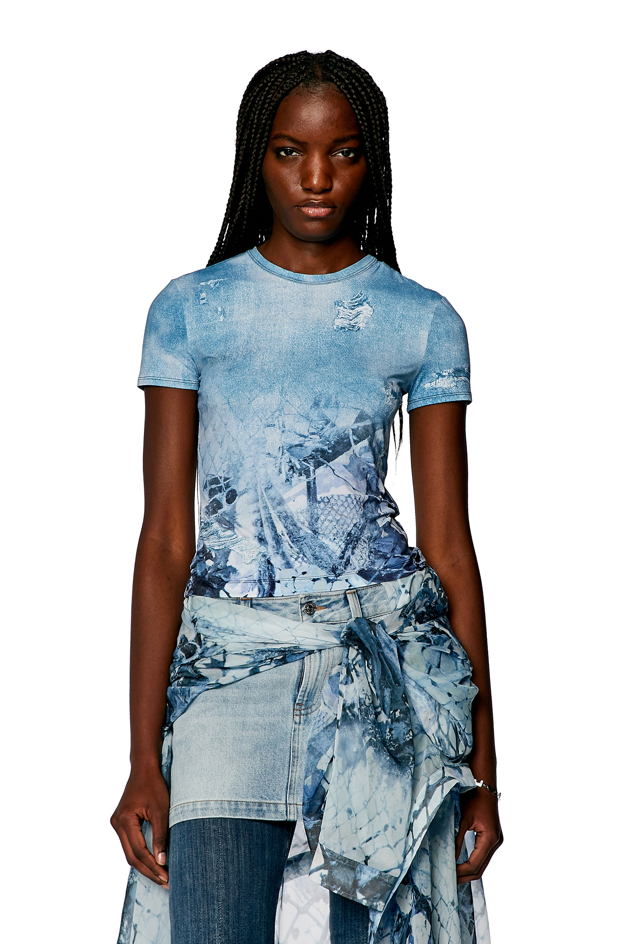 Diesel - T-UNCSKI, Woman's Cropped T-shirt with abstract print in Light Blue - 5