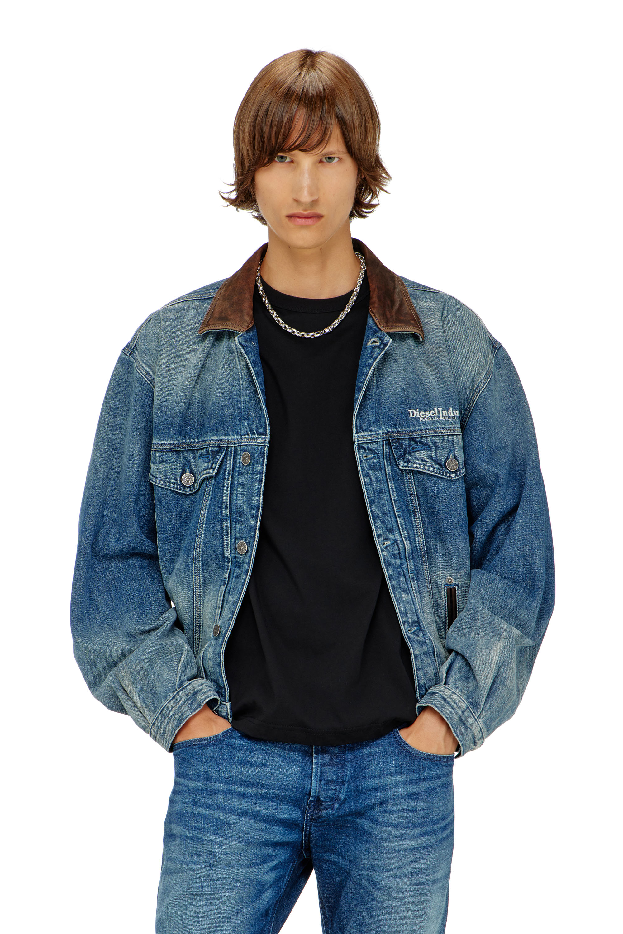 Diesel - D-DENVER-S1, Unisex's Denim trucker jacket with contrast leather trims in Blue - 1