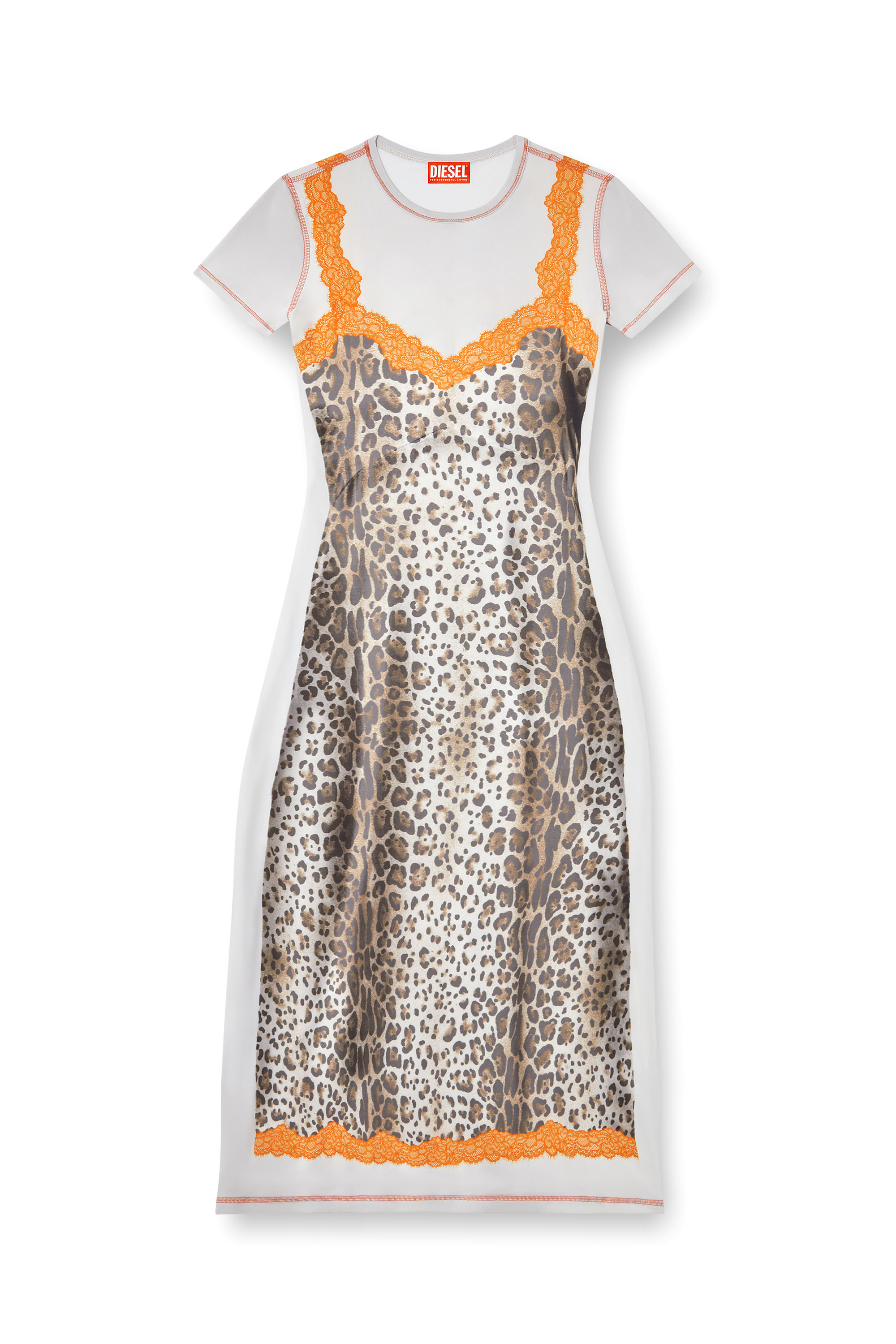 Diesel - D-ILE, Woman's Midi dress with trompe l'oeil slip in Brown/White - 1