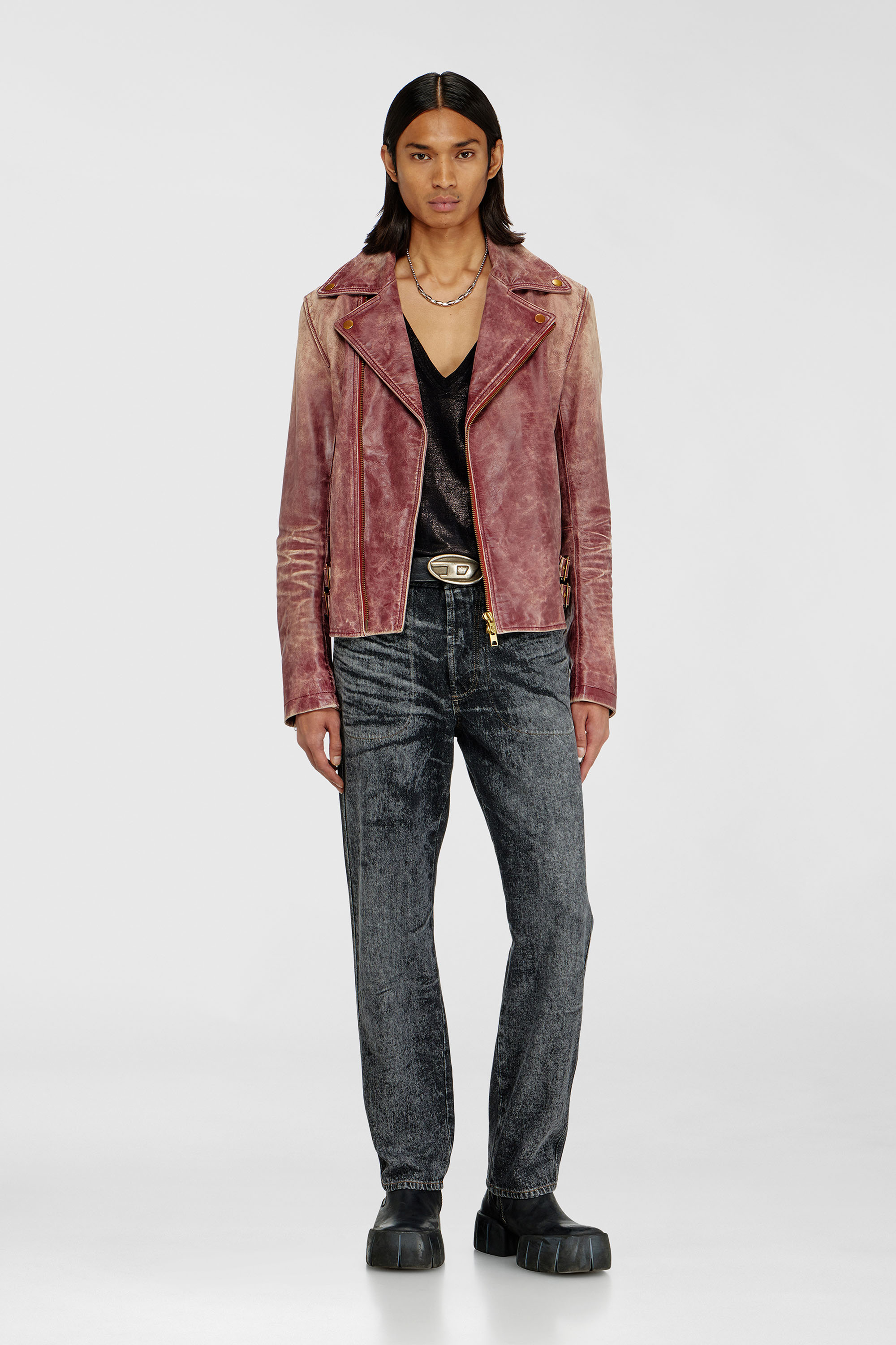 Diesel - L-EON-CJCM, Man's Biker jacket in treated leather in Brown - 1