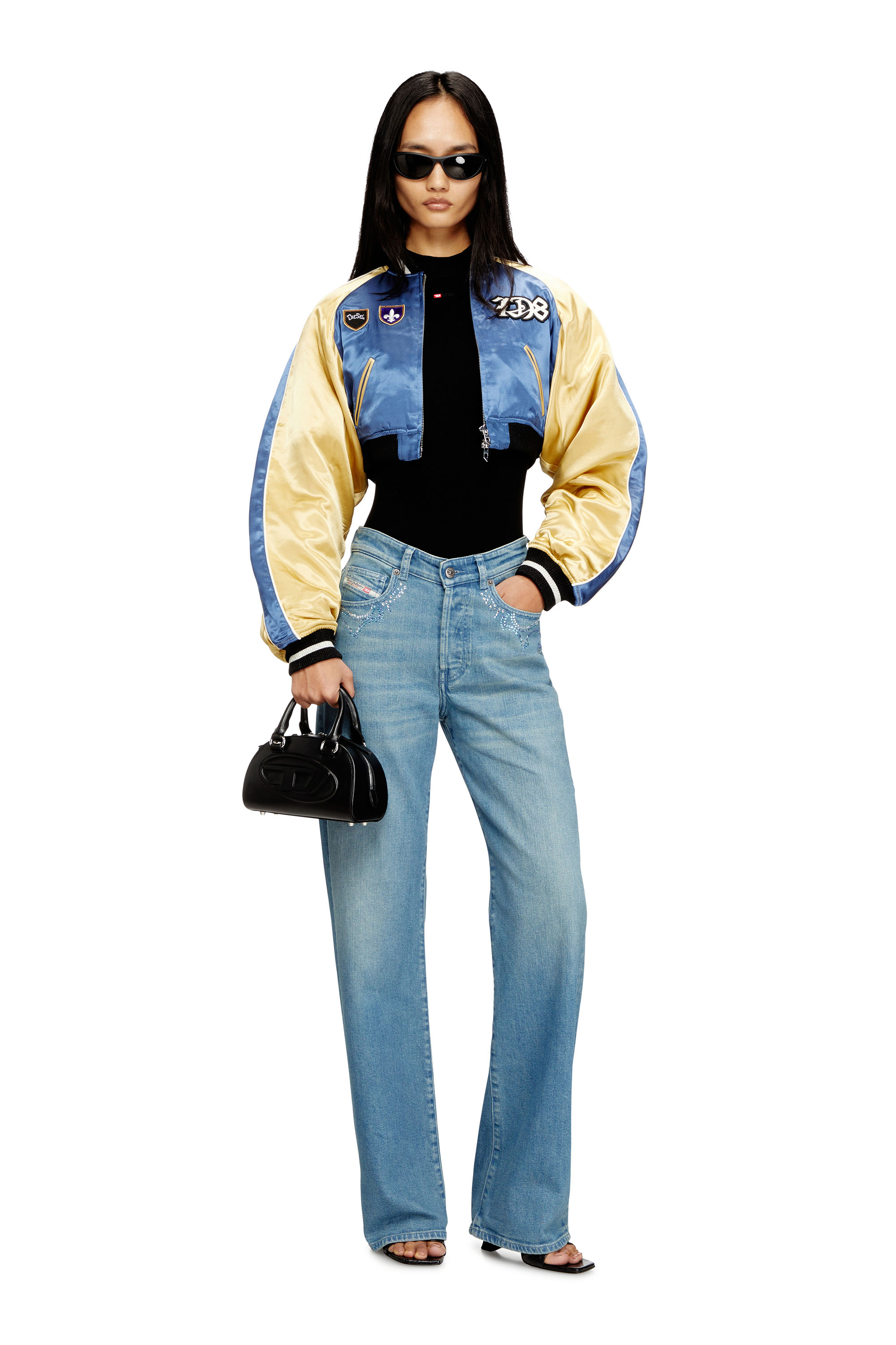 Diesel - G-OSPEL-CP, Woman's Cropped satin souvenir jacket in Blue/Yellow - 2