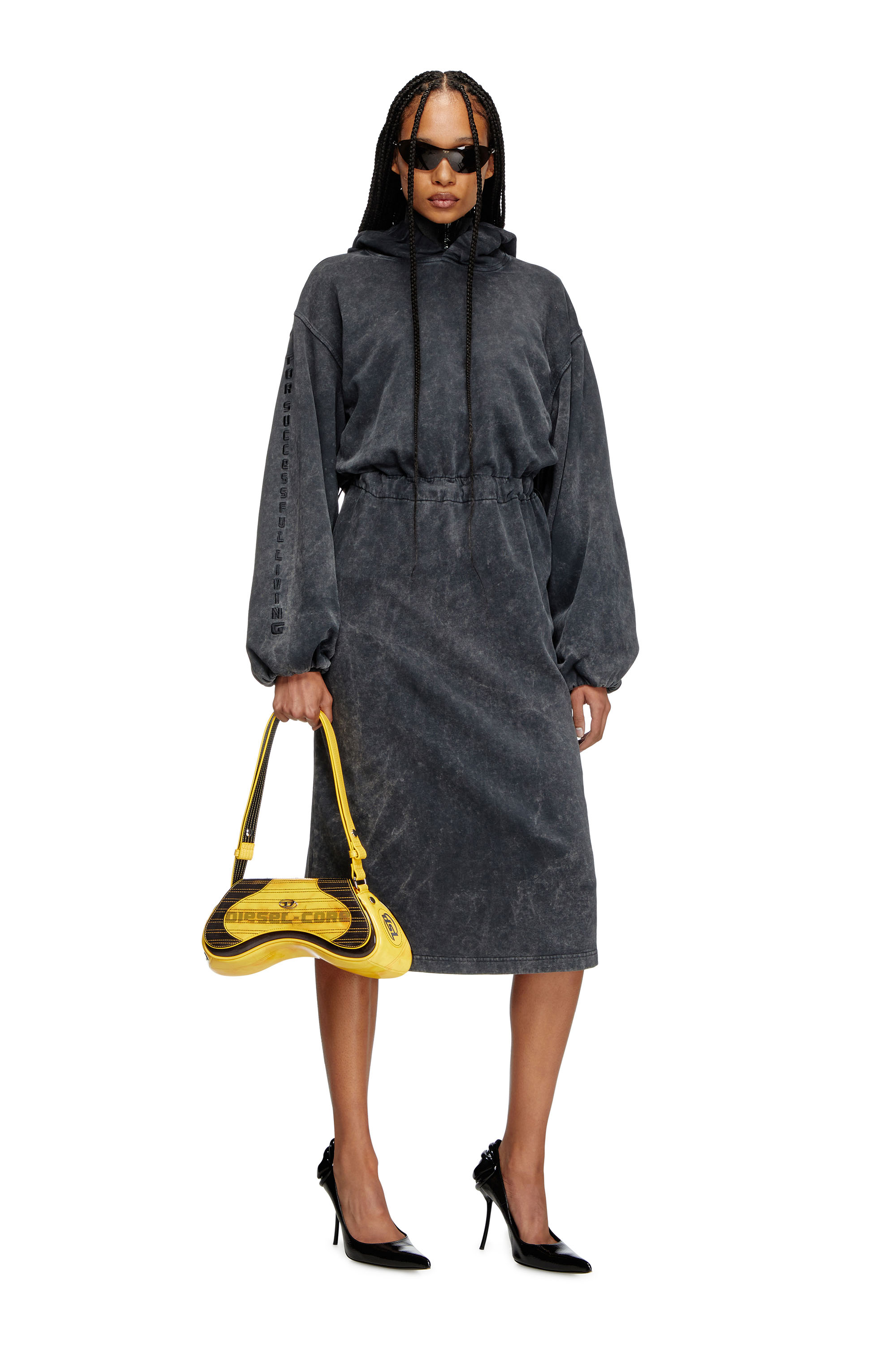 Diesel - D-QUIND, Woman's Balloon-shaped hooded midi dress in Dark grey - 1