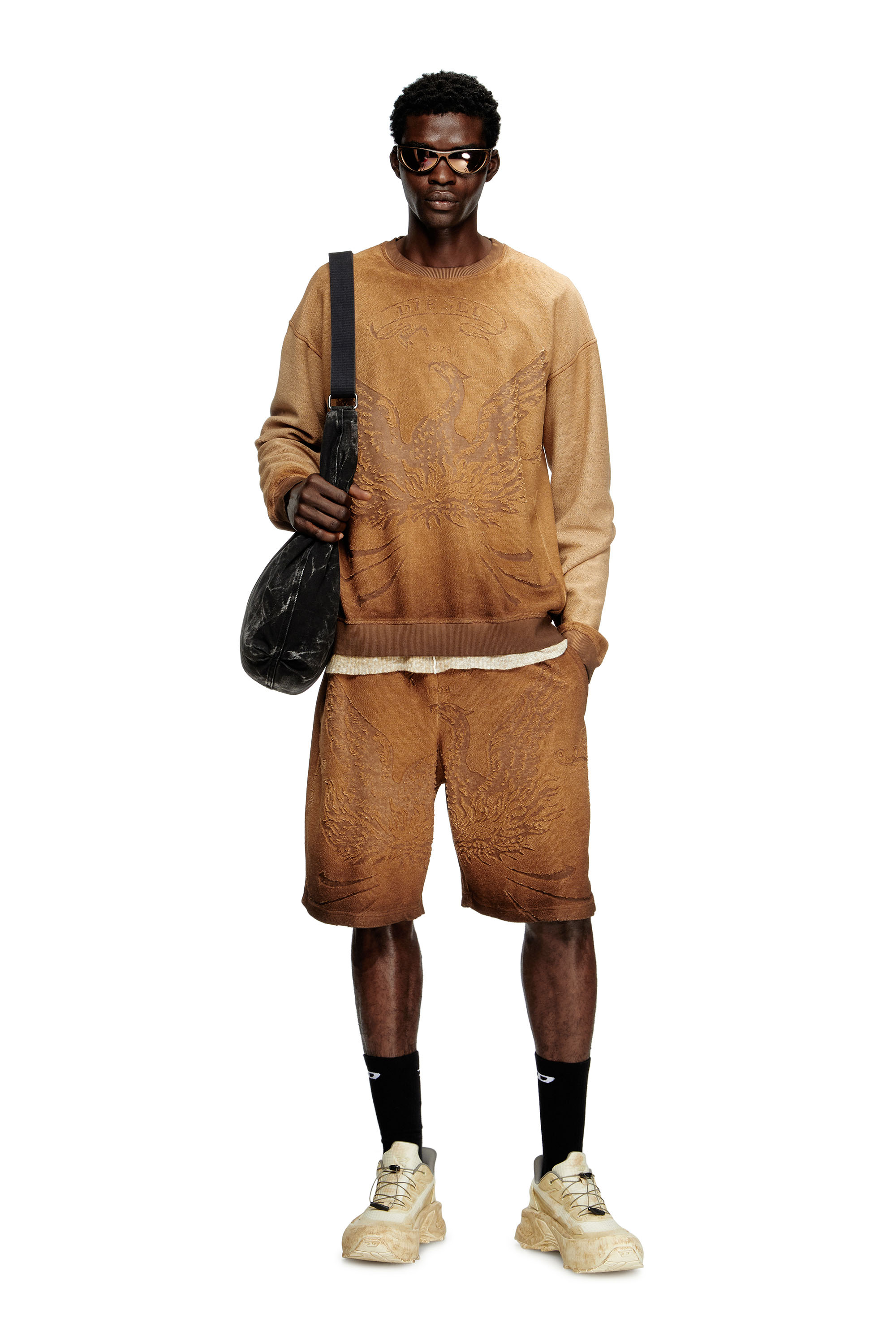 Diesel - P-CROWDE, Man's Sweat shorts with phoenix devoré in Brown - 2