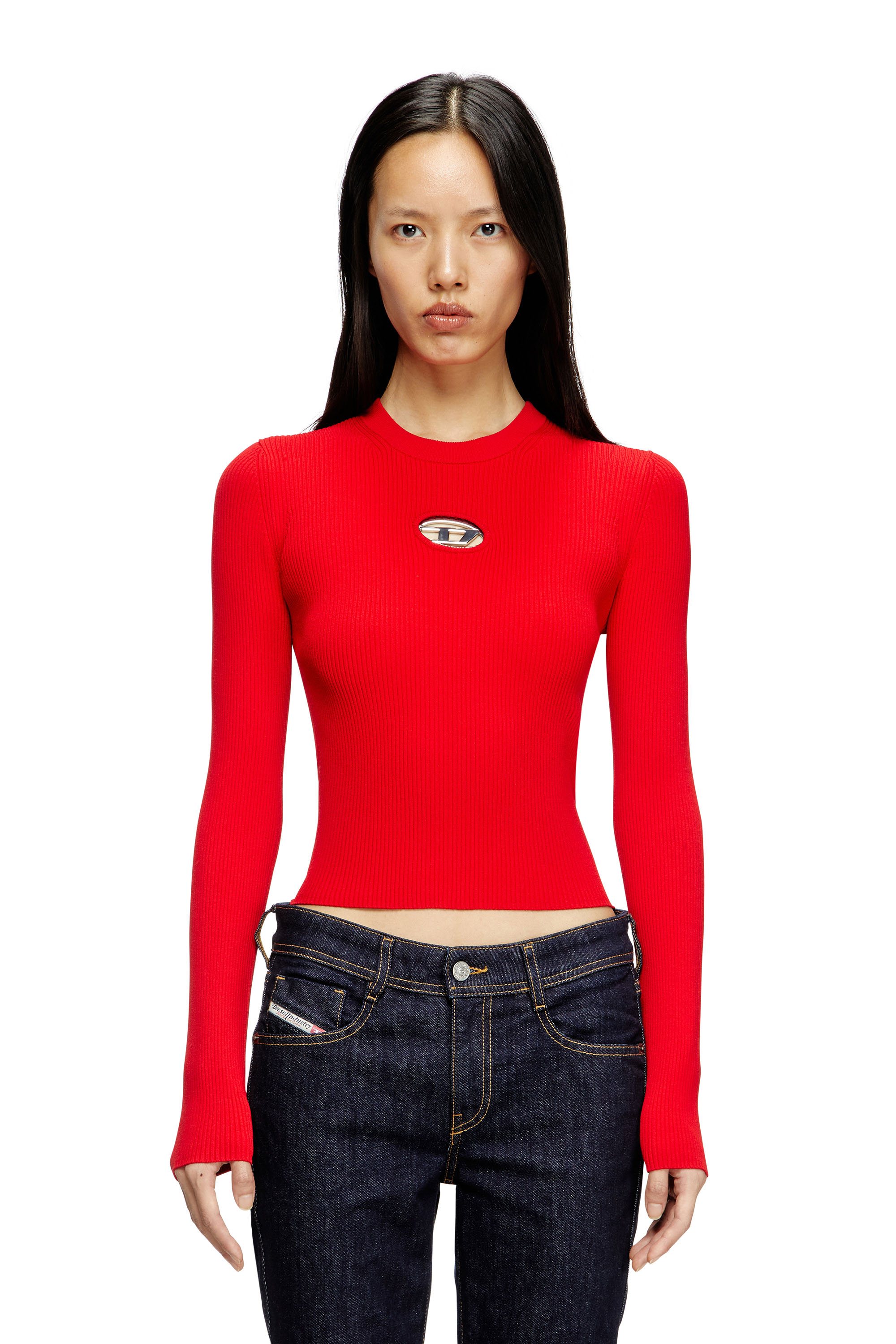 Diesel - M-VALARI, Woman's Rib-knit viscose-blend top with Oval D in Red - 3