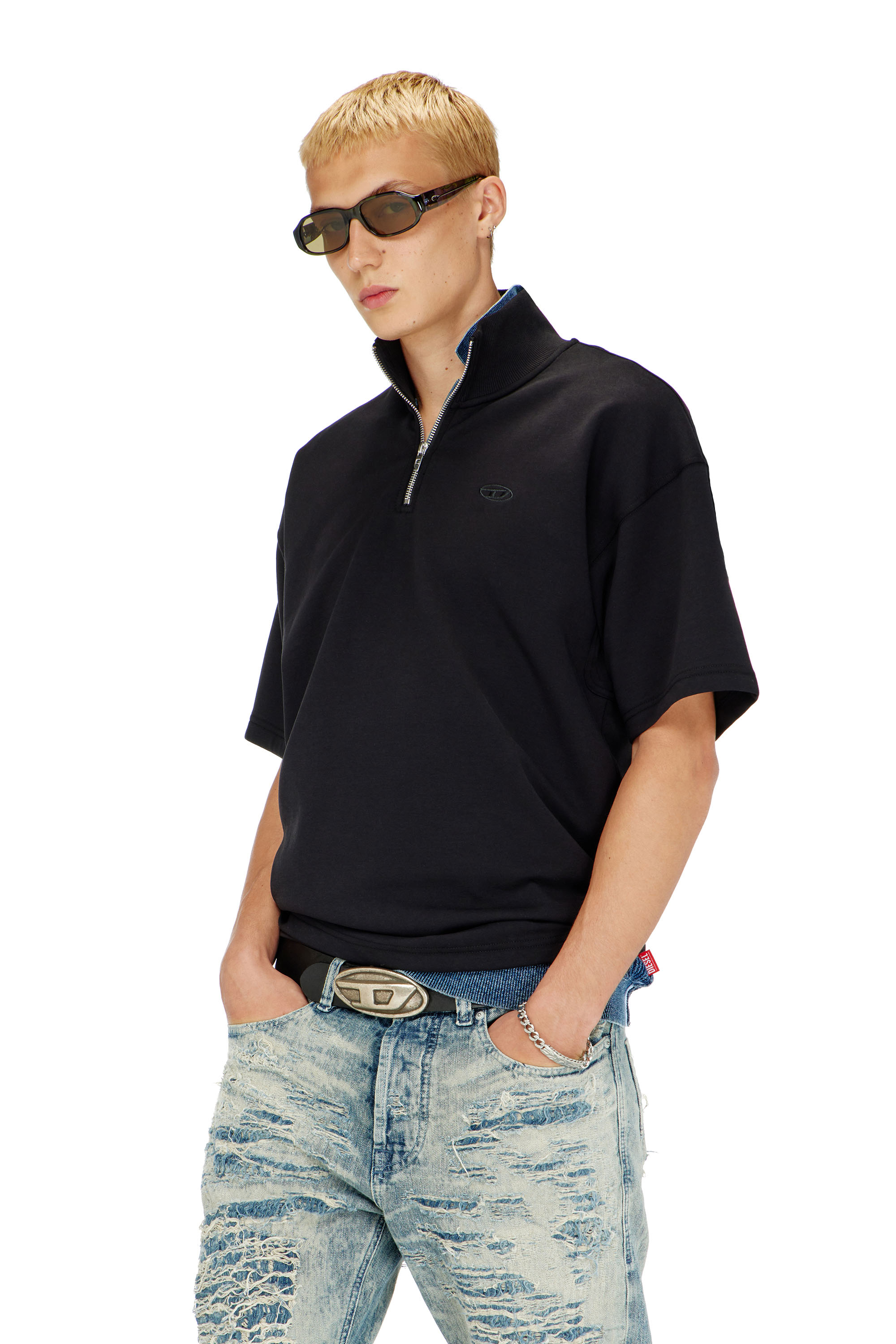 Diesel - S-CUBY, Man's Short-sleeve half-zip sweatshirt in light scuba in Black - 1