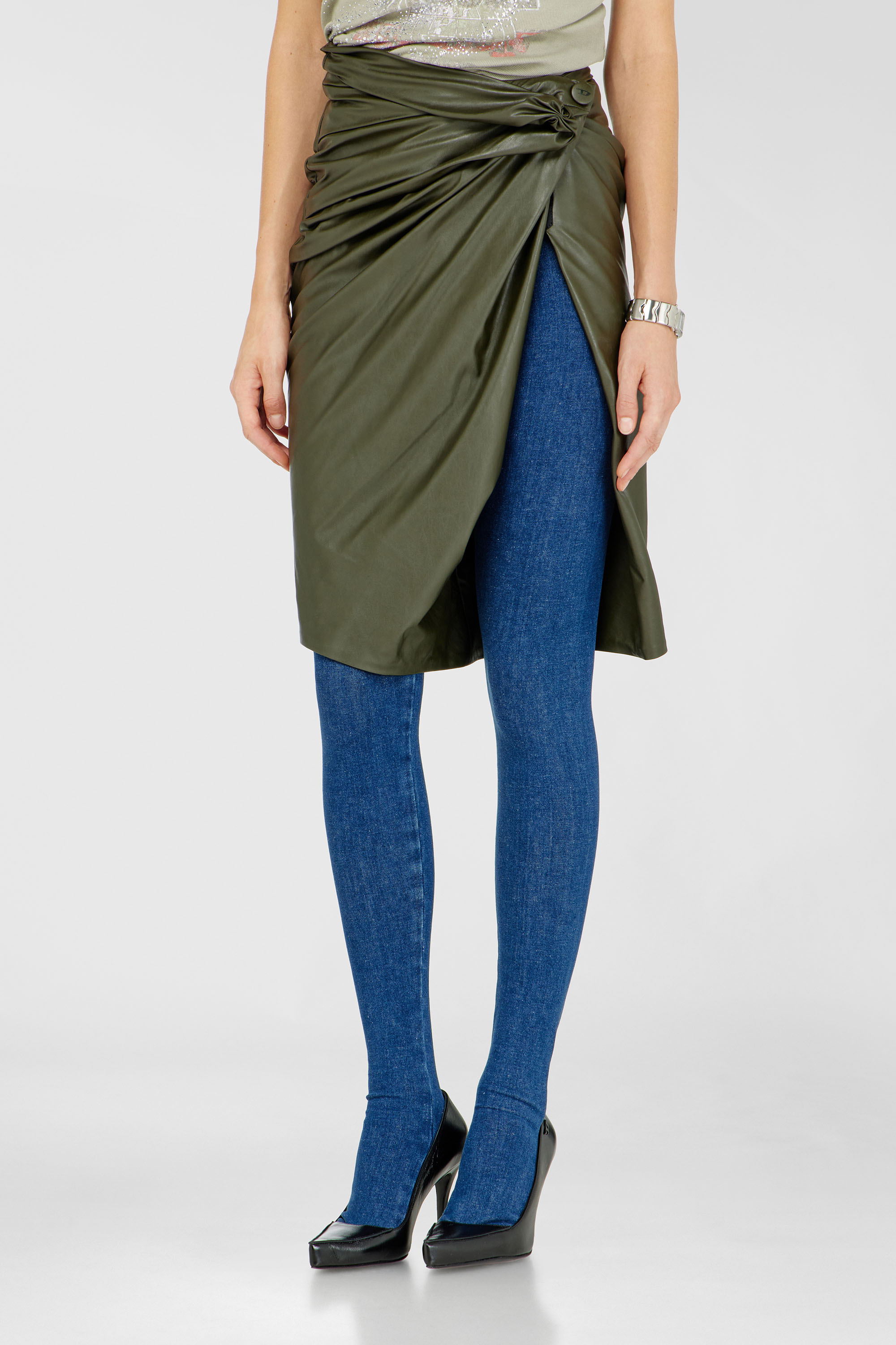 Diesel - O-DASLI, Woman's Draped pencil skirt with split in Military Green - 3