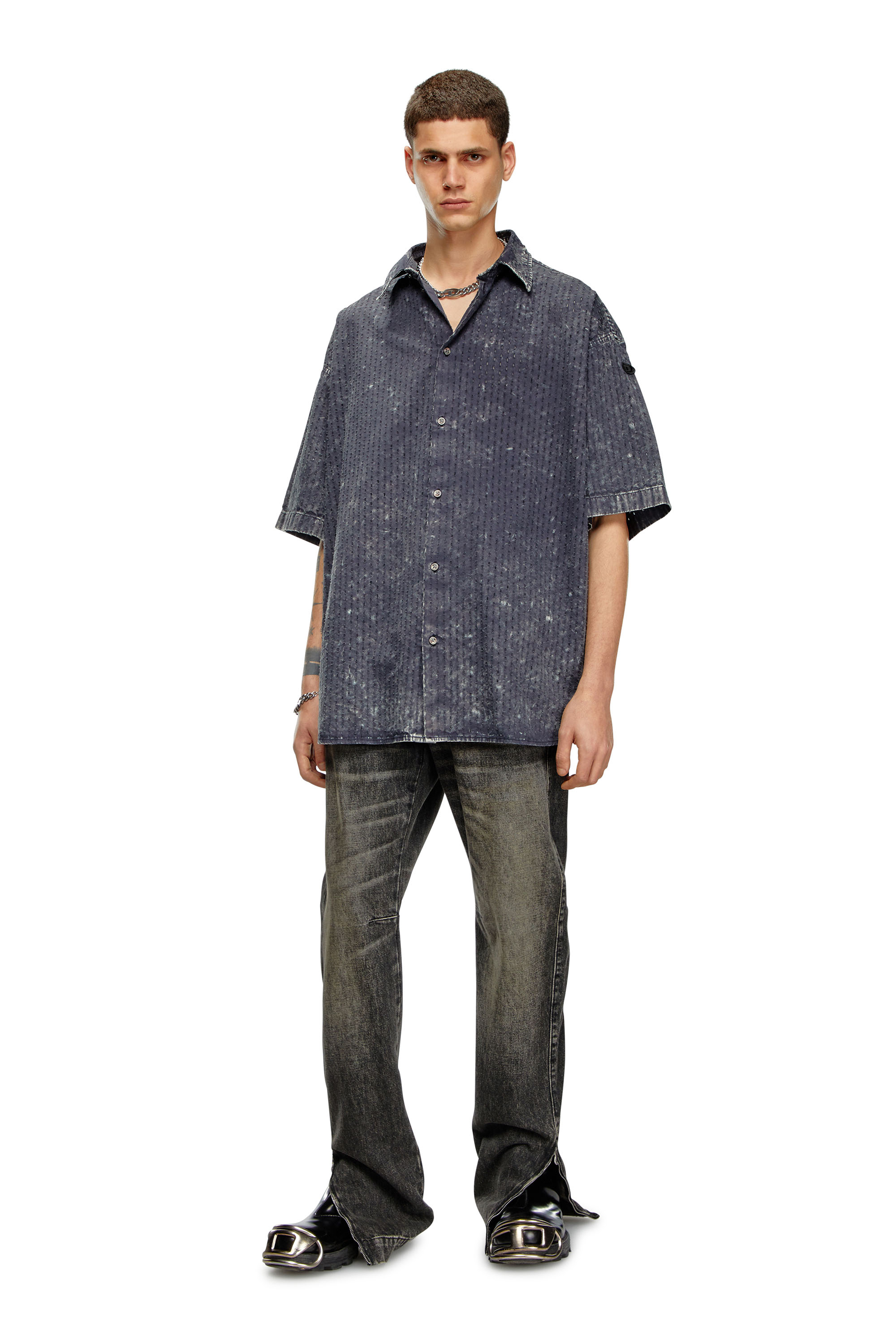 Diesel - S-LAZER, Man Perforated acid-wash short-sleeve shirt in Grey - Image 2