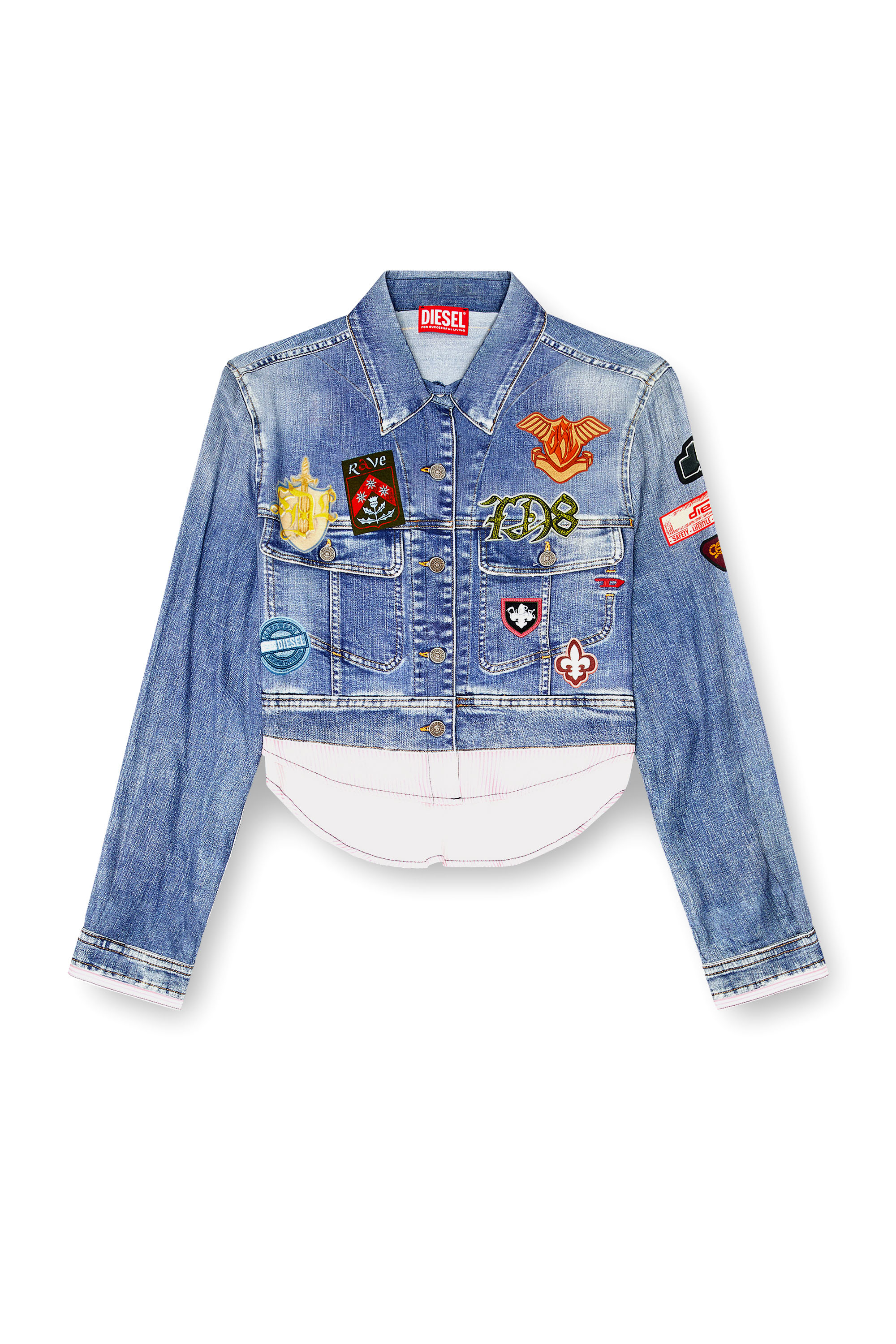 Diesel - C-LONE, Woman's Cropped satin shirt with trompe-l&rsquo;oeil denim print in null - 3
