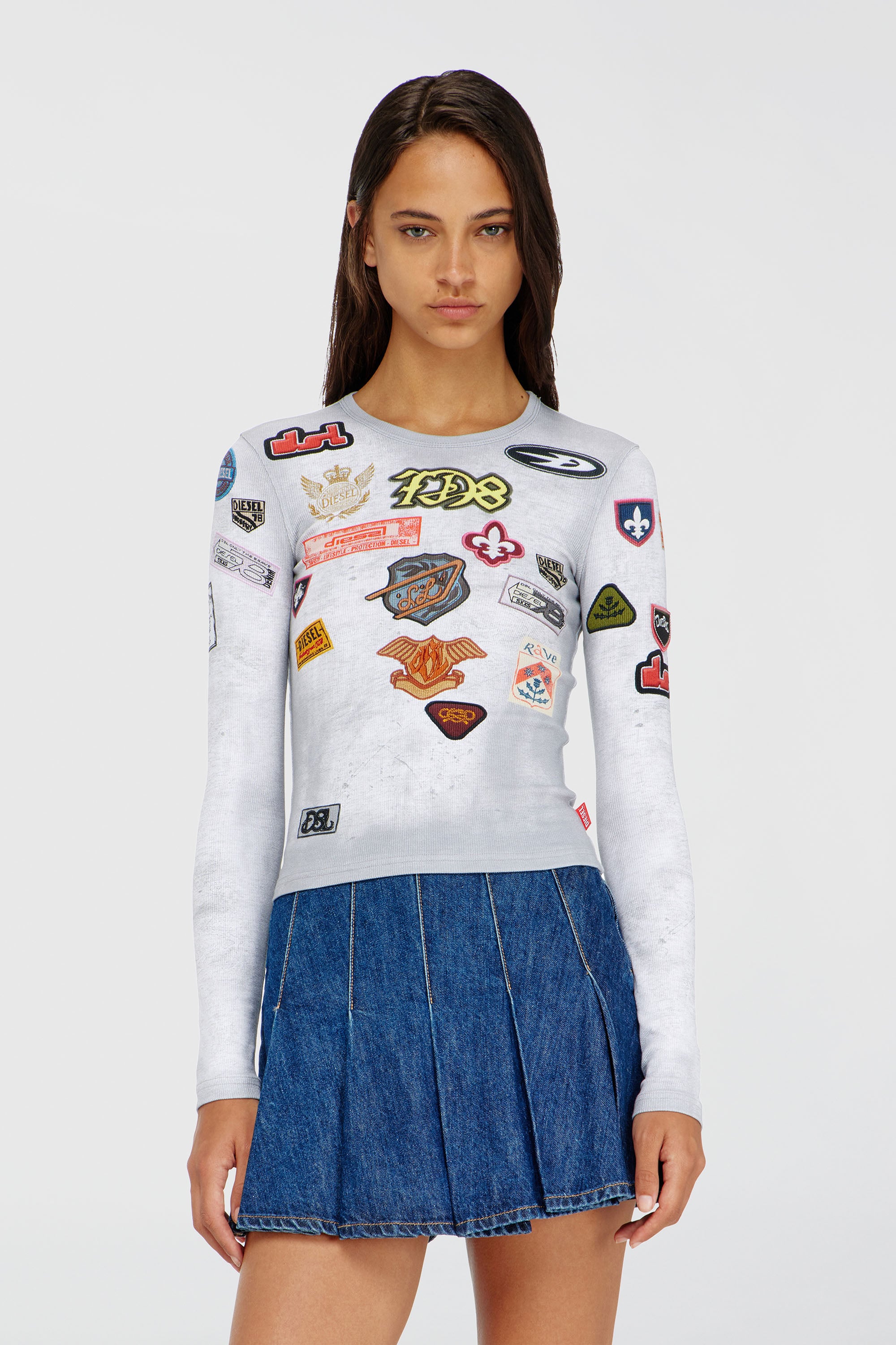 Diesel - T-ELE-LONGSLEEVE, Woman's Top in ribbed jersey with all-over patch print in White - 1