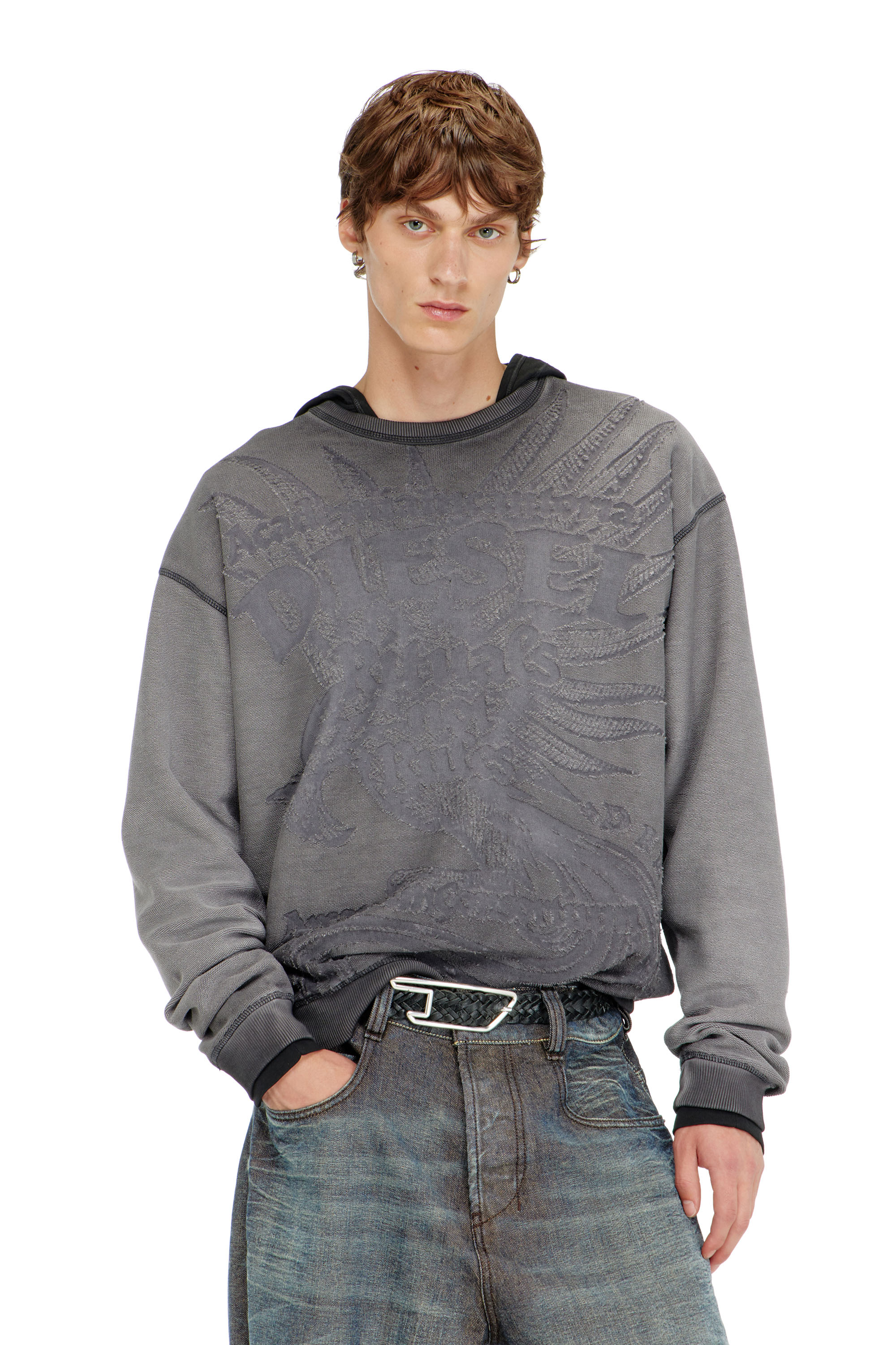 Diesel - S-ARON-RAW, Man's Sweatshirt with d&eacute;vor&eacute; print in Dark grey - 1