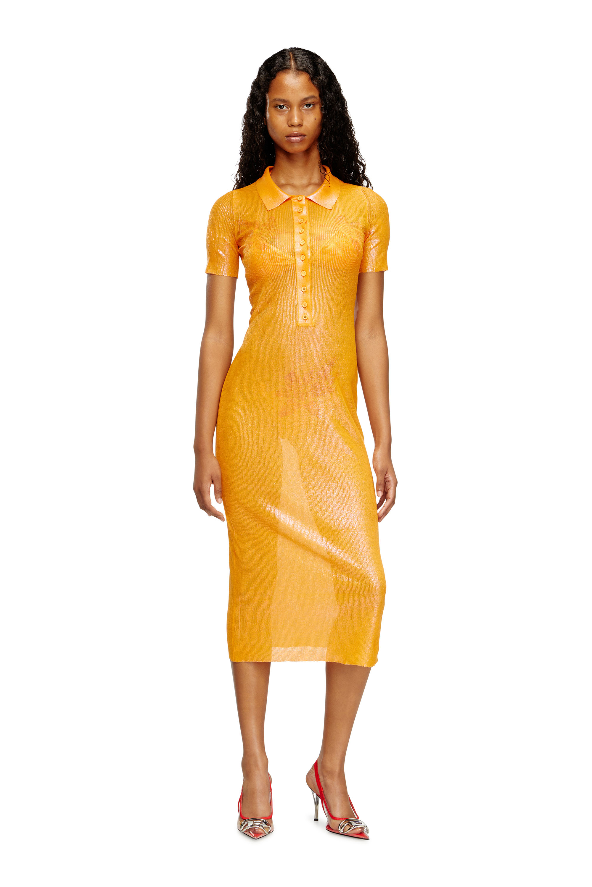 Diesel - M-ORANGE-KG, Woman's Iridescent knit polo dress with lotus print in Orange - 1
