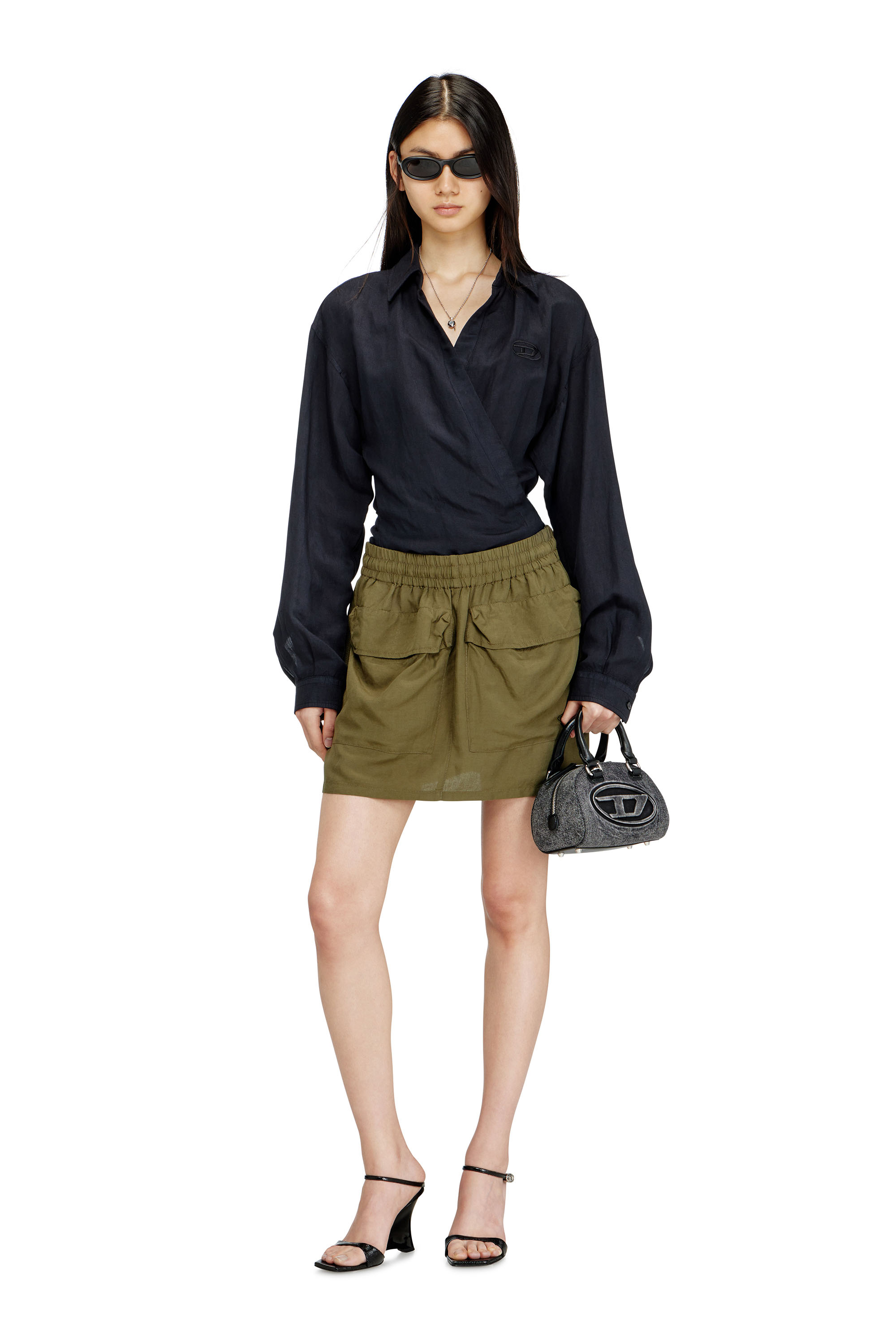 Diesel - O-CEAN-S2, Woman's Linen-blend mini skirt with cargo pockets in Green - 1
