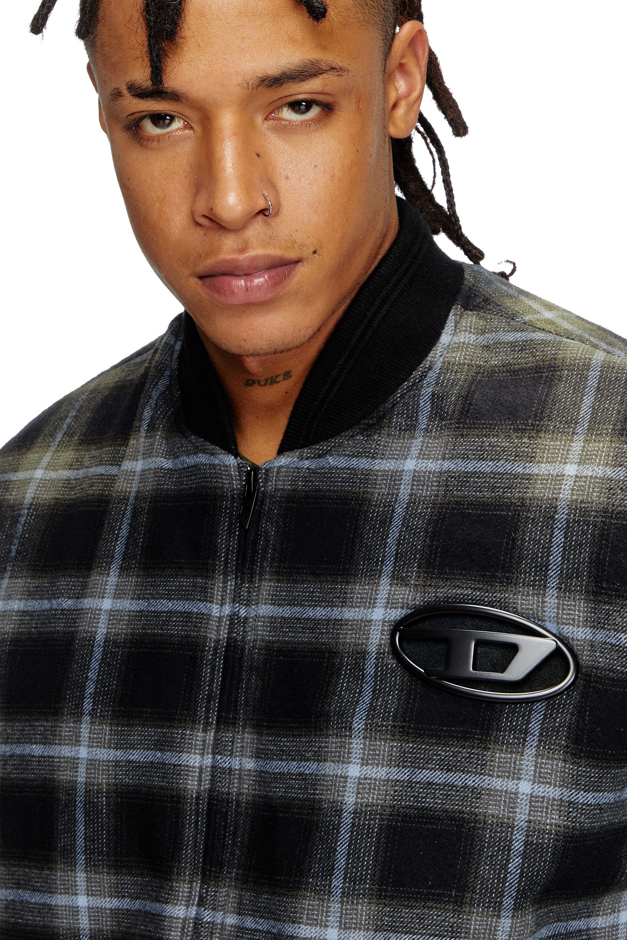 Diesel - J-SAINT, Man's Padded bomber jacket in check flannel in Black/Blue - 4