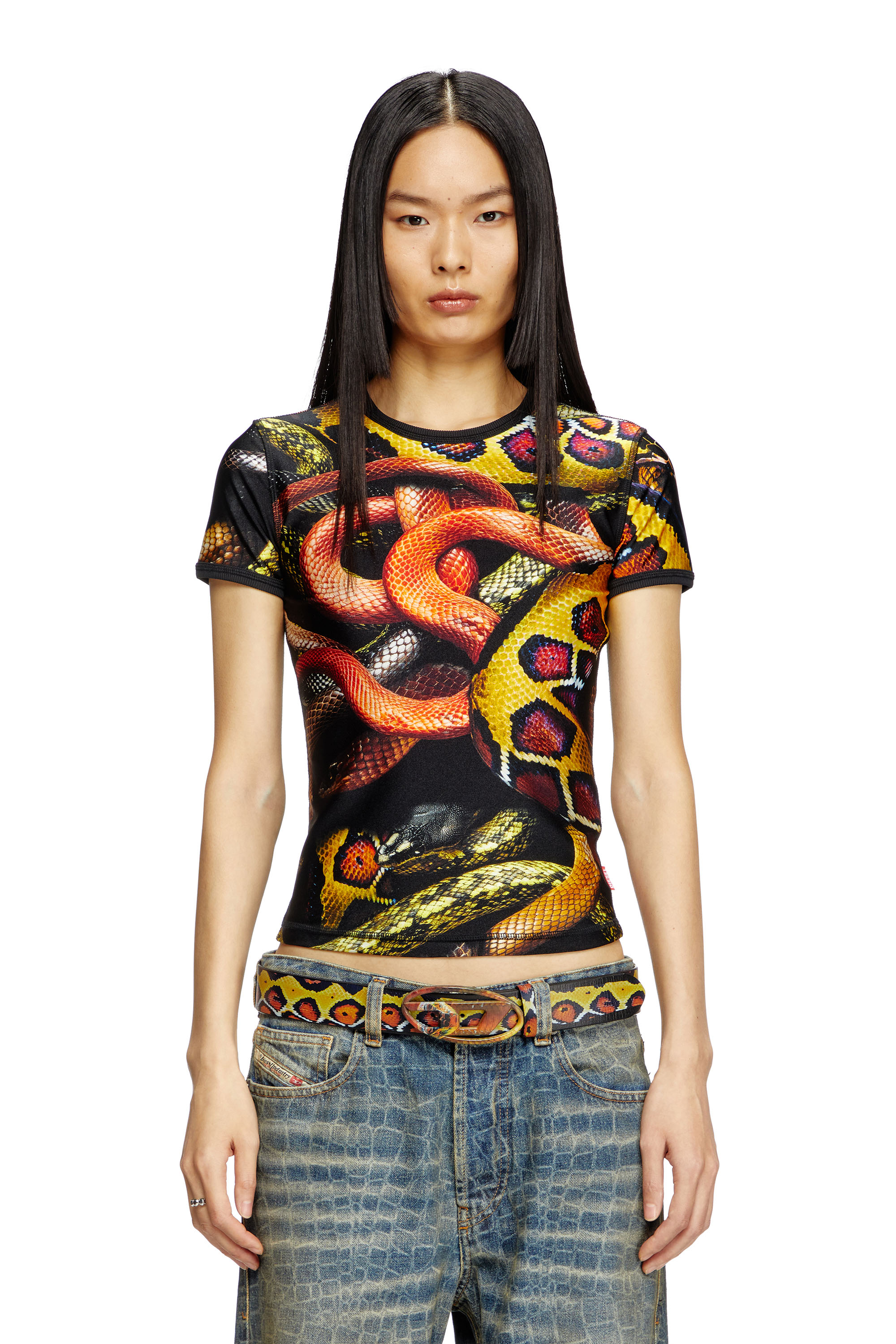 Diesel - CL-T-UNCLE-SNAKE, Unisex's Lycra T-shirt with all-over snake print in Black/Yellow - 1