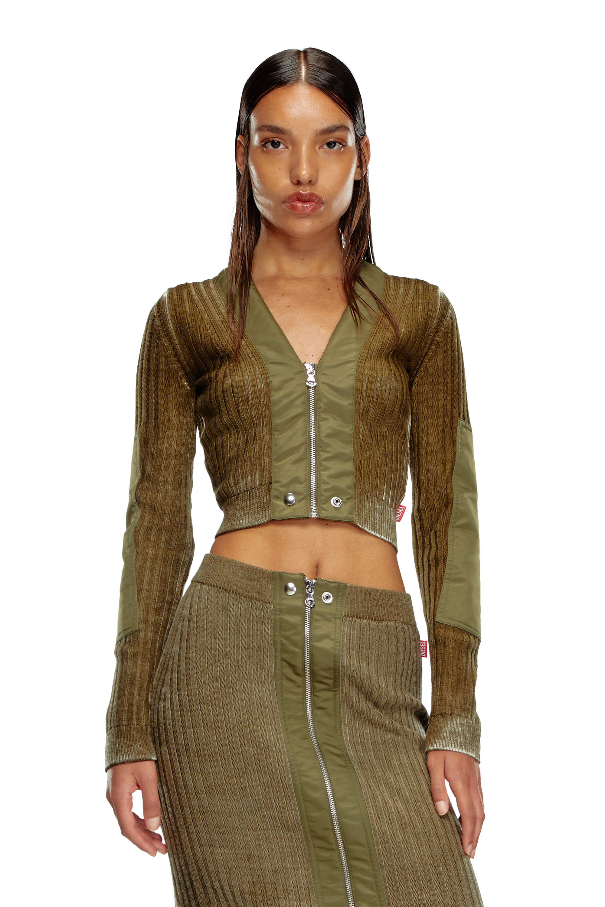 Diesel - M-ASERA, Woman Cropped wool cardigan with nylon trims in Green - Image 1