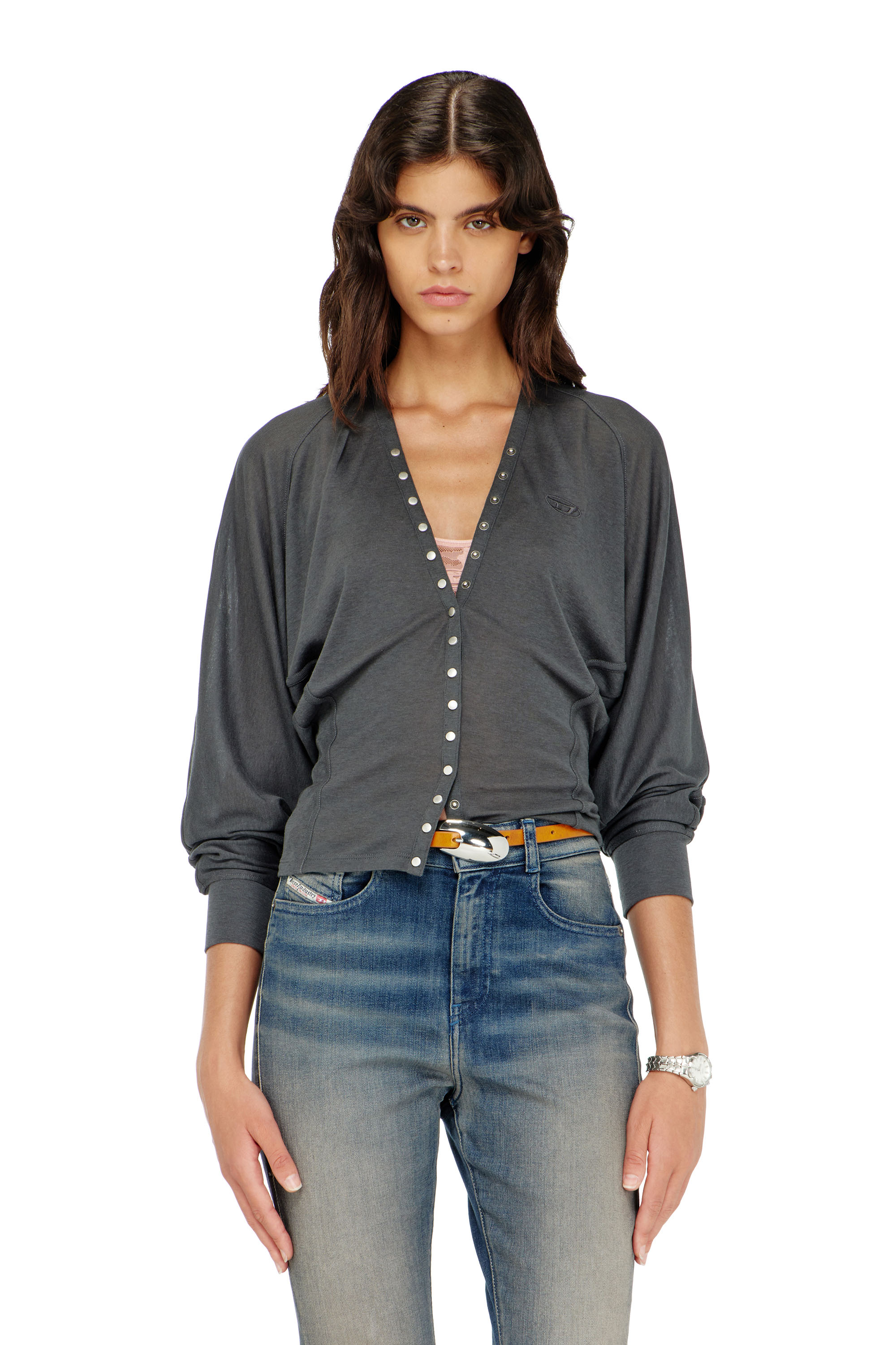 Diesel - T-ISERINA, Woman's Tencel-blend cardigan top with batwing sleeves in Grey - 1