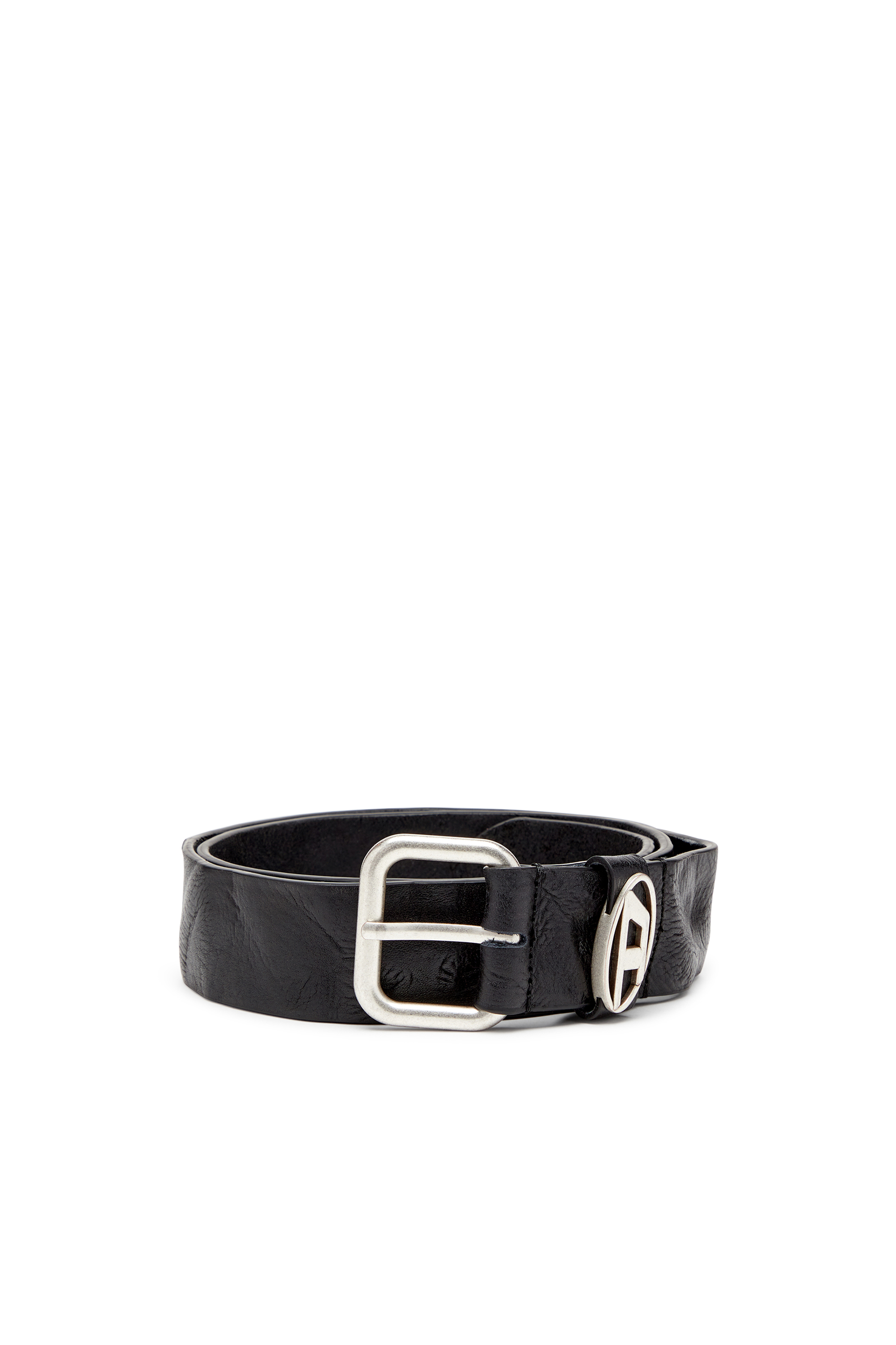 Diesel - B-1DR OVAL D LOOP, Unisex's 3.9cm logo-plaque wrinkled leather belt in Black - 1