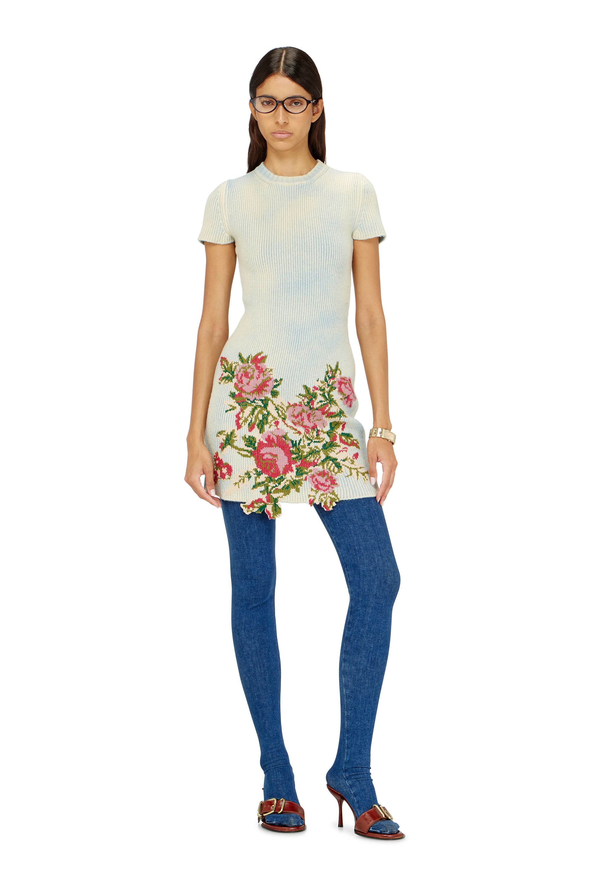 Diesel - M-RINNIE, Woman's Short dress in floral wool-blend knit in White - 3