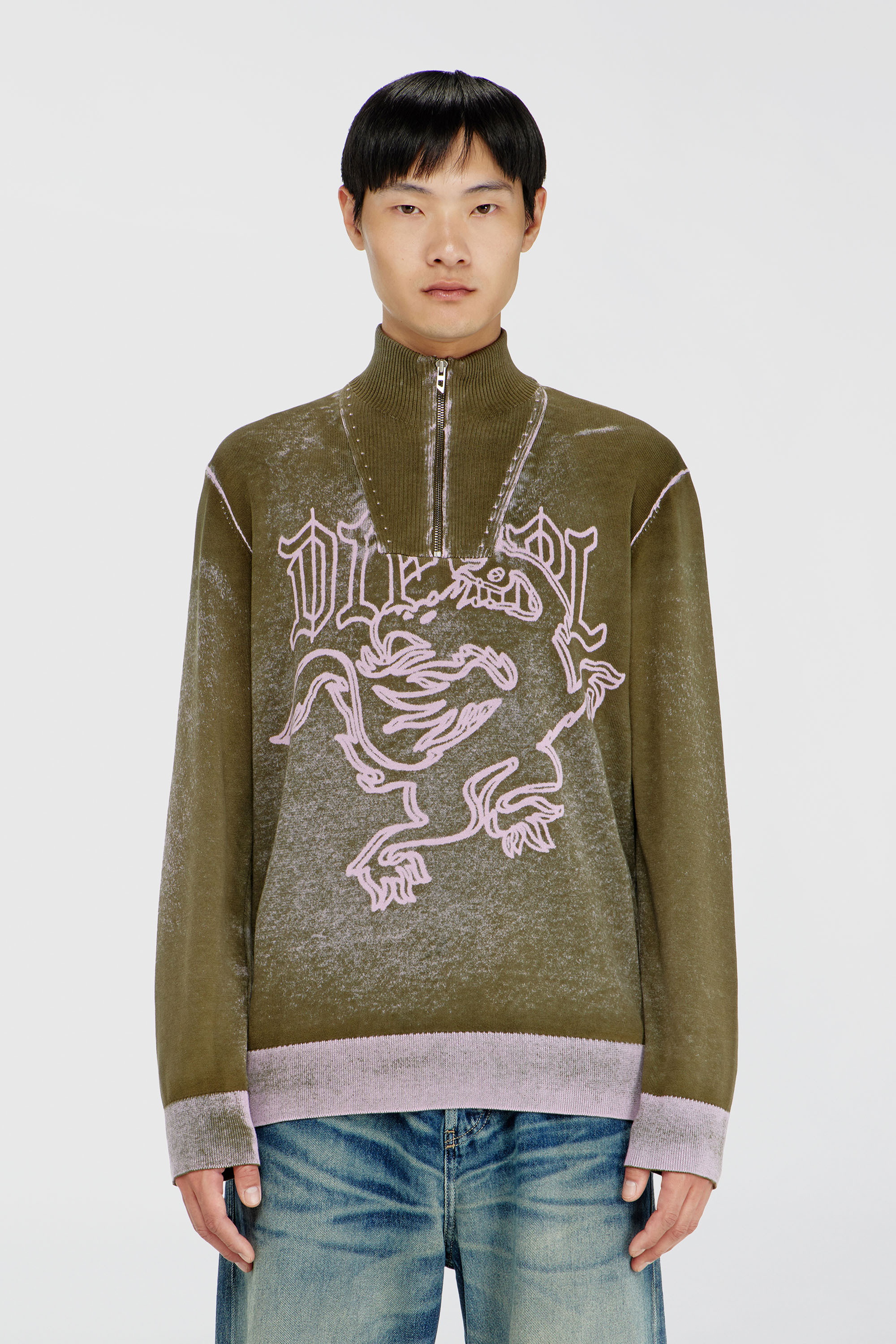 Diesel - K-LAUTARE, Man's Treated half-zip jumper with griffin motif in Military Green - 1