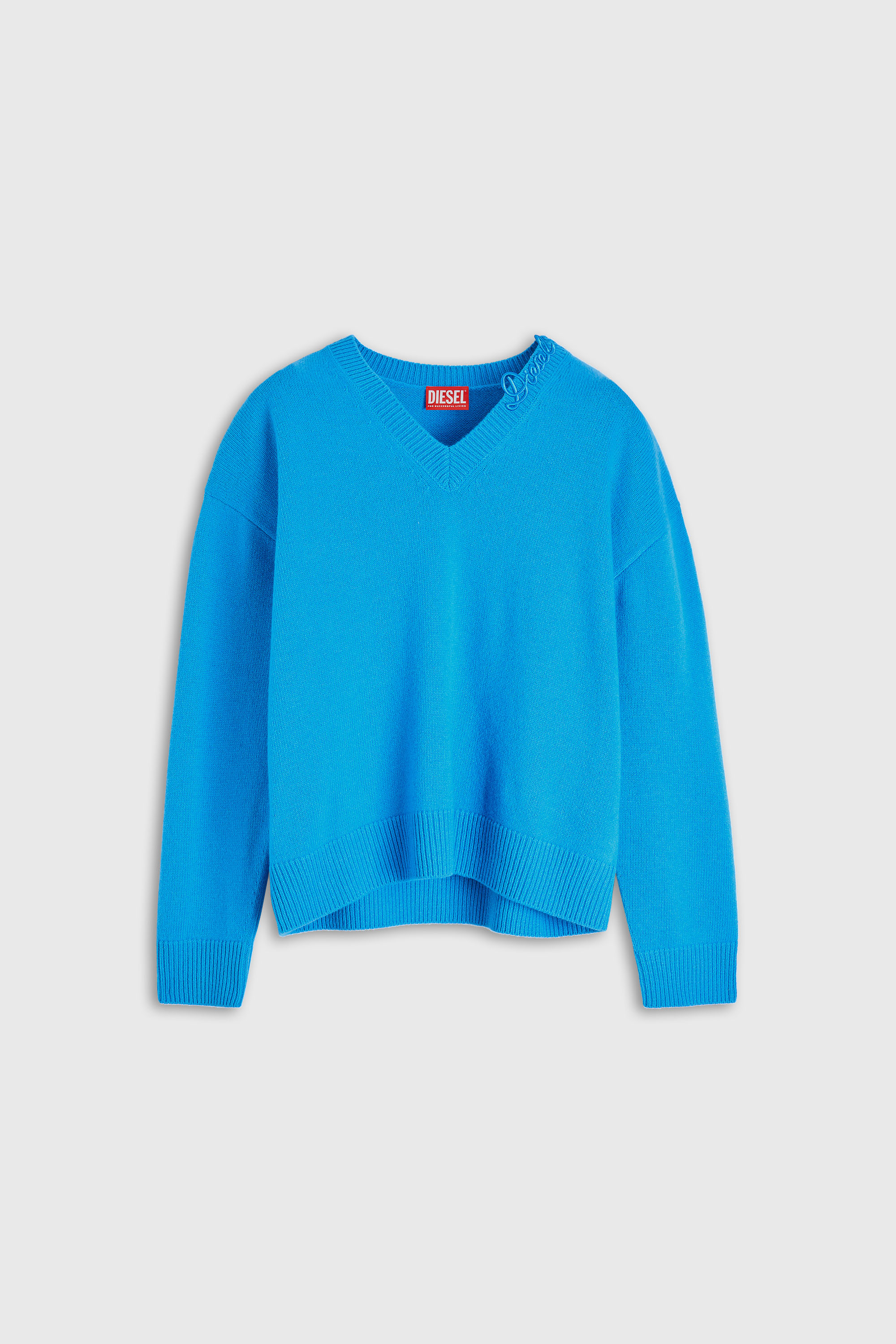Diesel - M-IMOSA, Woman's Wool V-neck jumper with neck logo in Azure - 1
