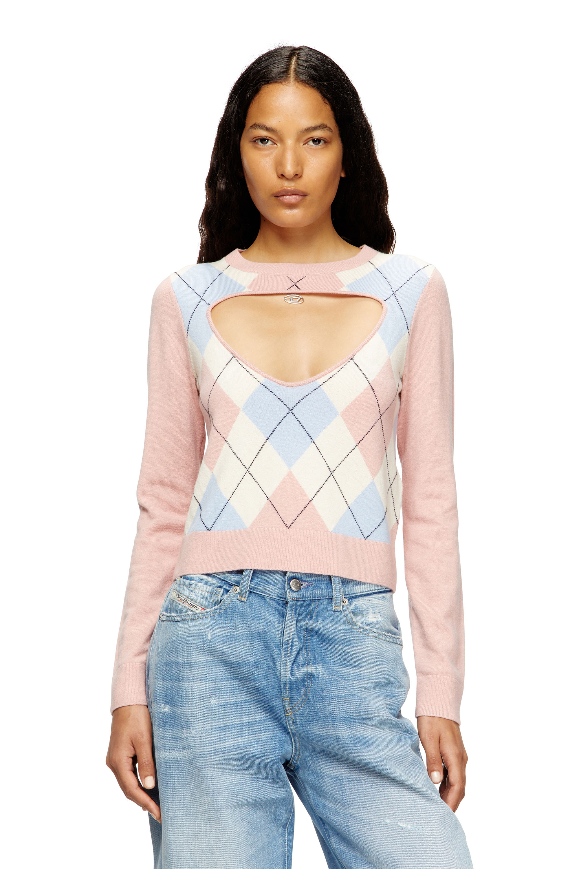 Diesel - M-ROMKO-LS, Woman's Cut-out jumper in argyle wool in Pink - 1
