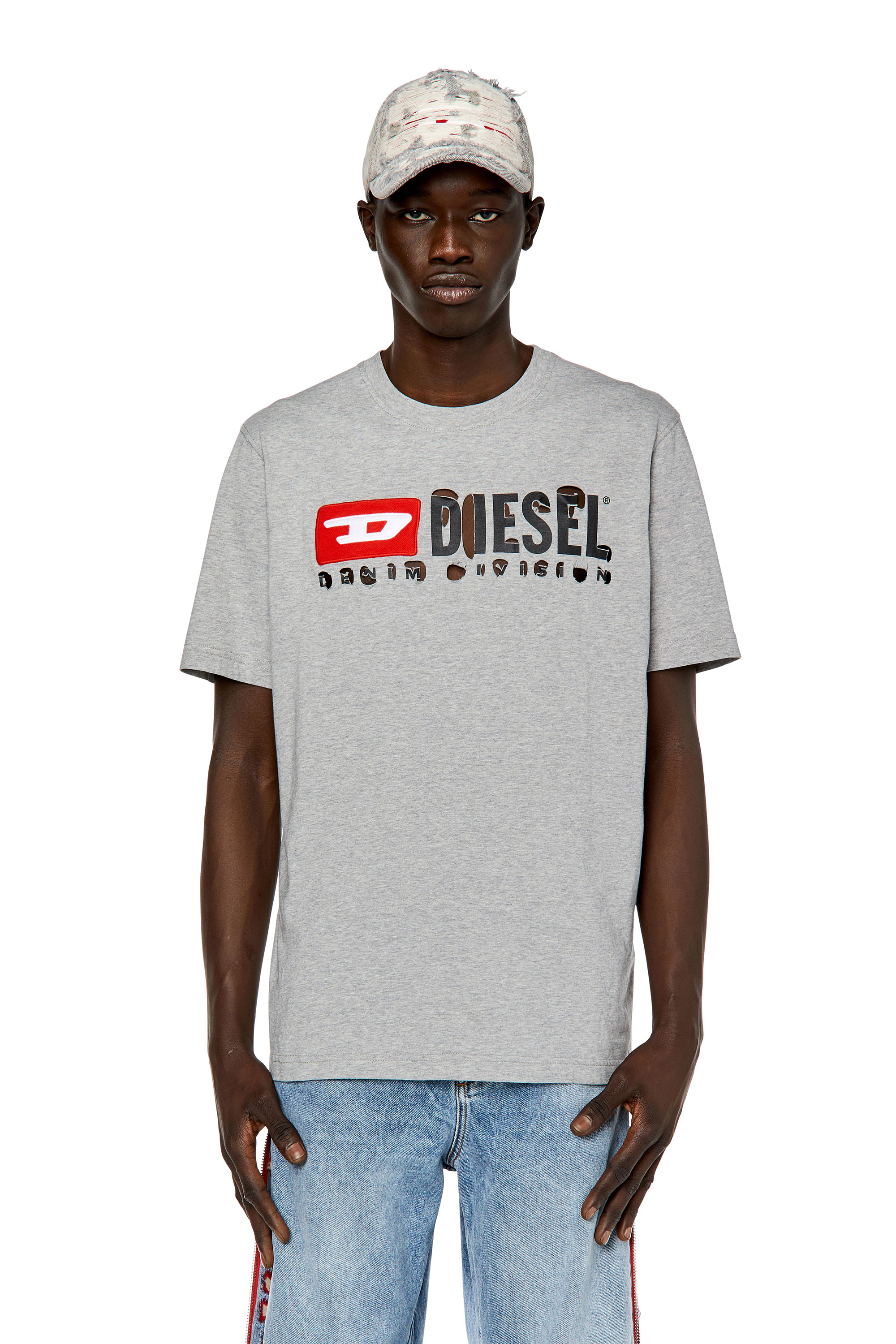 Diesel - T-JUST-DIVSTROYED, Man T-shirt with peel-off letters in Grey - Image 1
