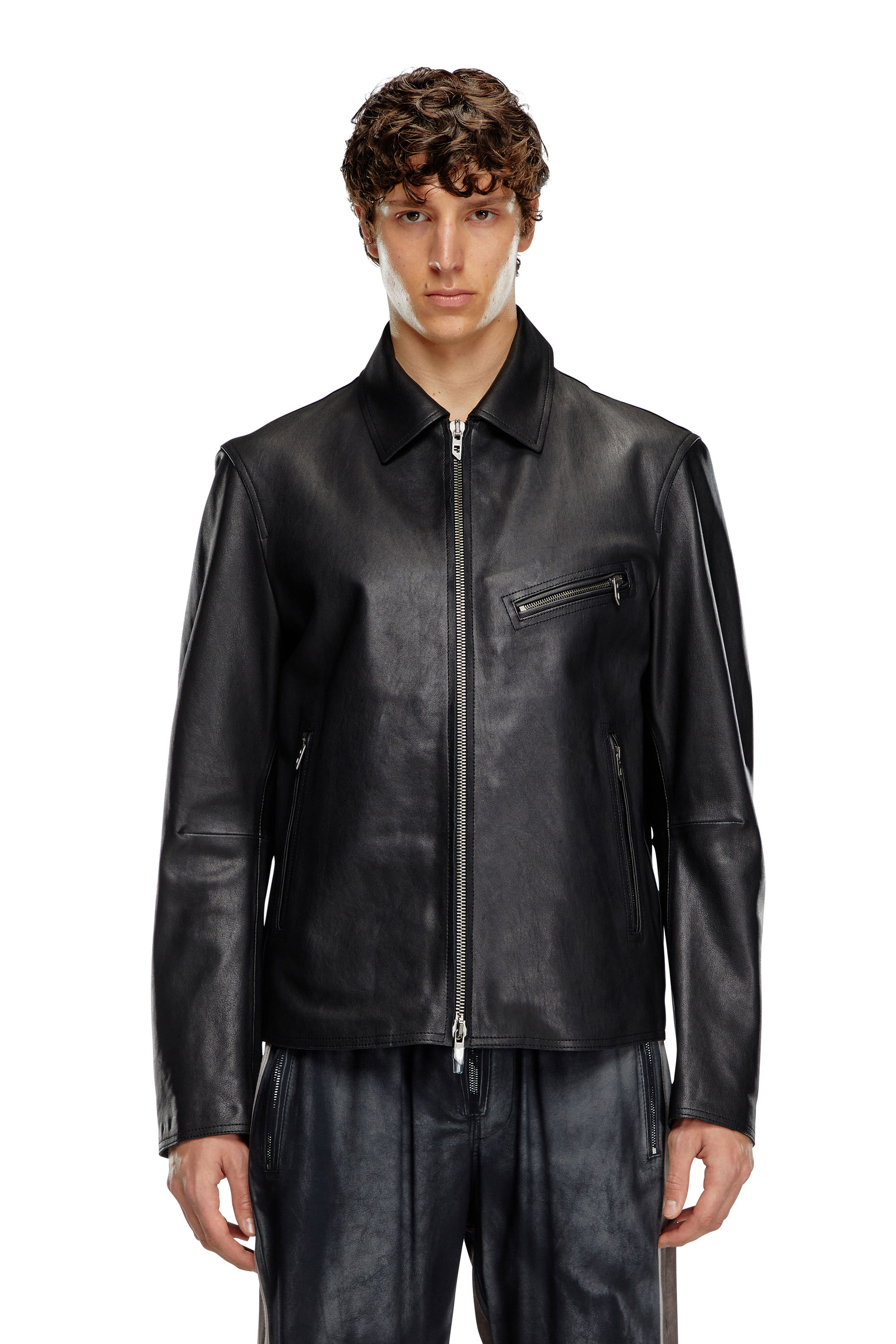 Diesel - L-KORN-A, Man's Leather jacket with embossed Oval D in Black - 6