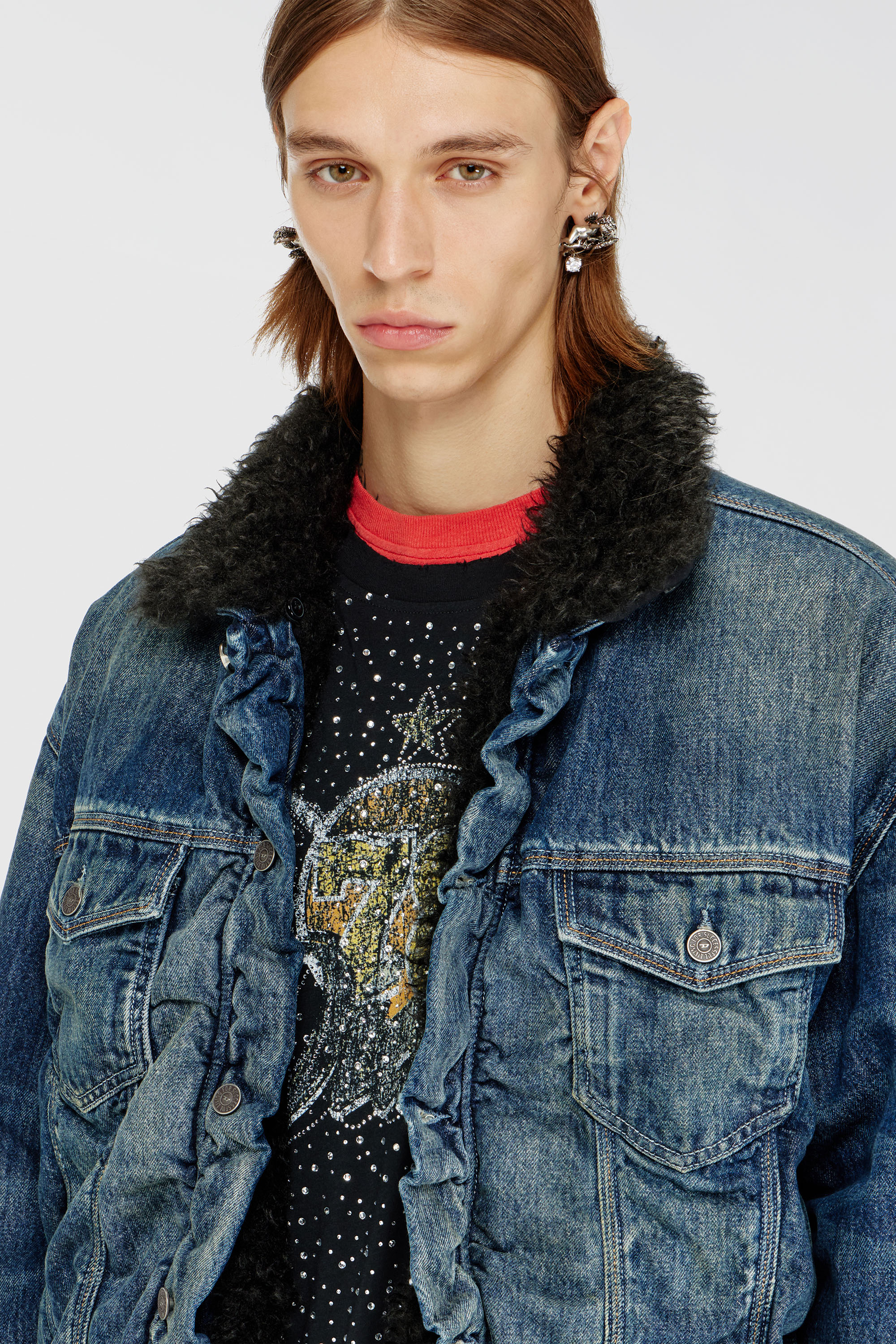 Diesel - D-CURLY-FSJ1, Unisex's Teddy-lined trucker jacket in denim in Medium blue - 5