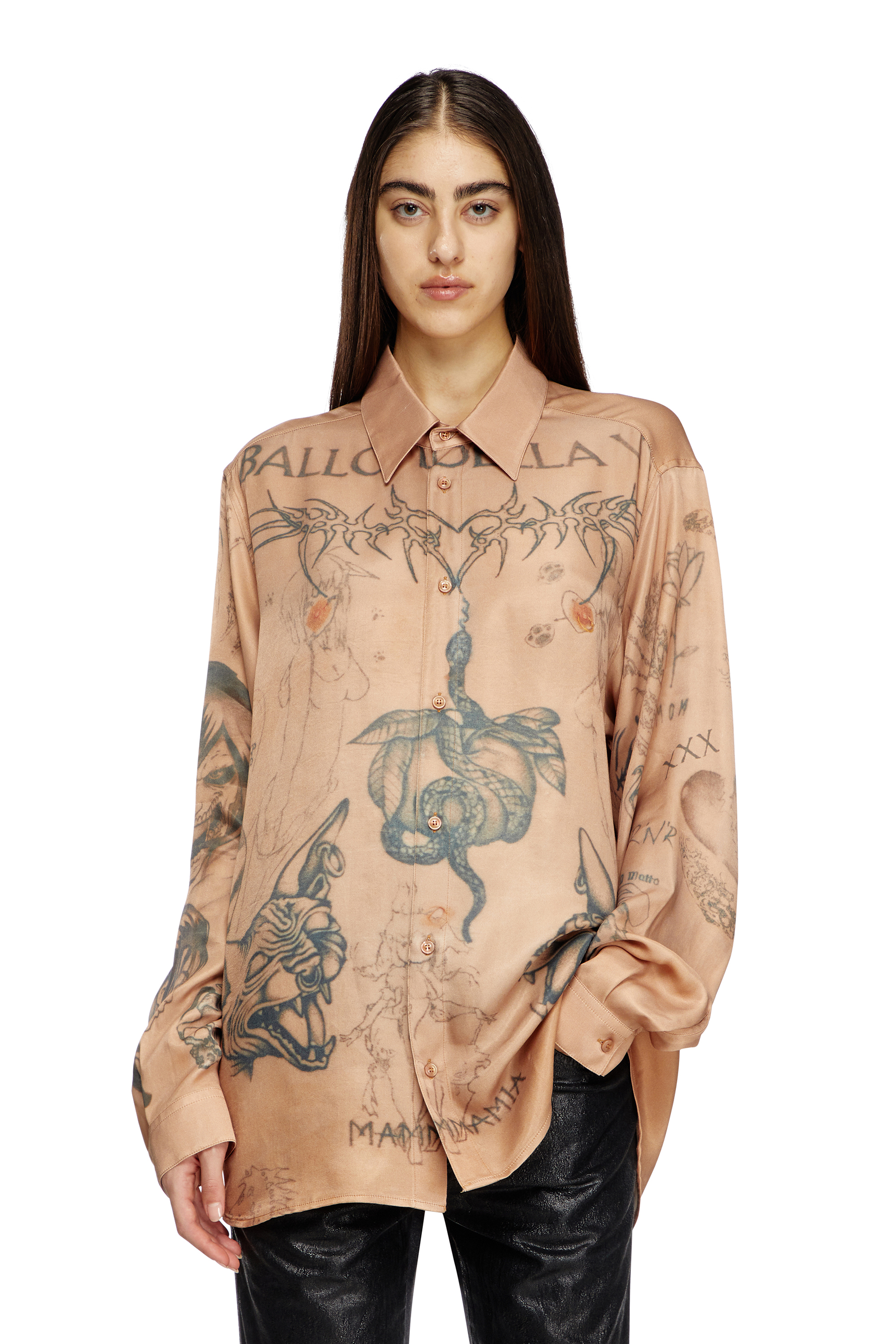 Diesel - S-SIMPLY-TTO-DD, Unisex's Fluid satin shirt with tattoo print in Beige - 1