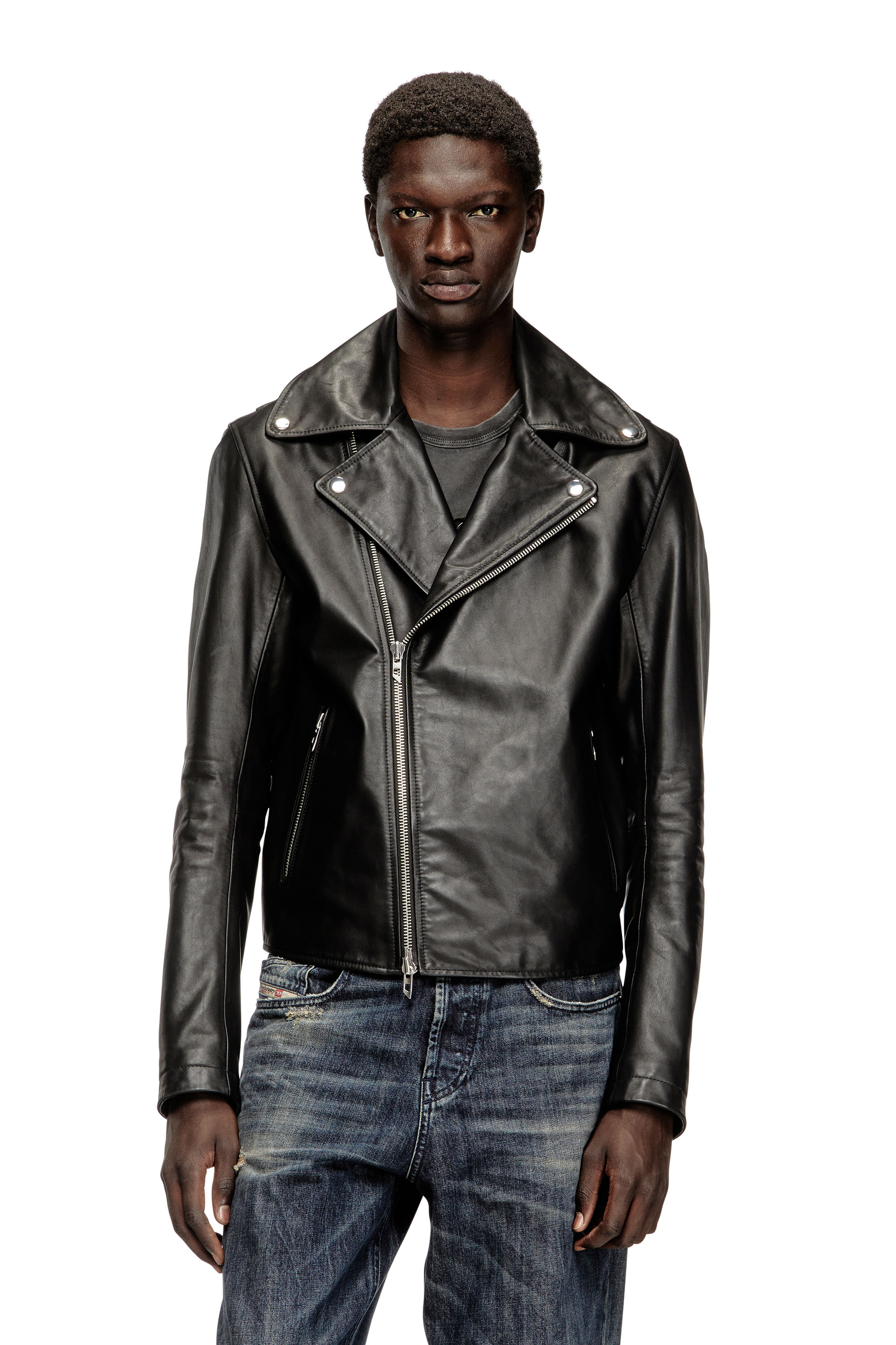 Diesel - L-EO-WRD, Man's Biker jacket in waxed leather in Black - 1