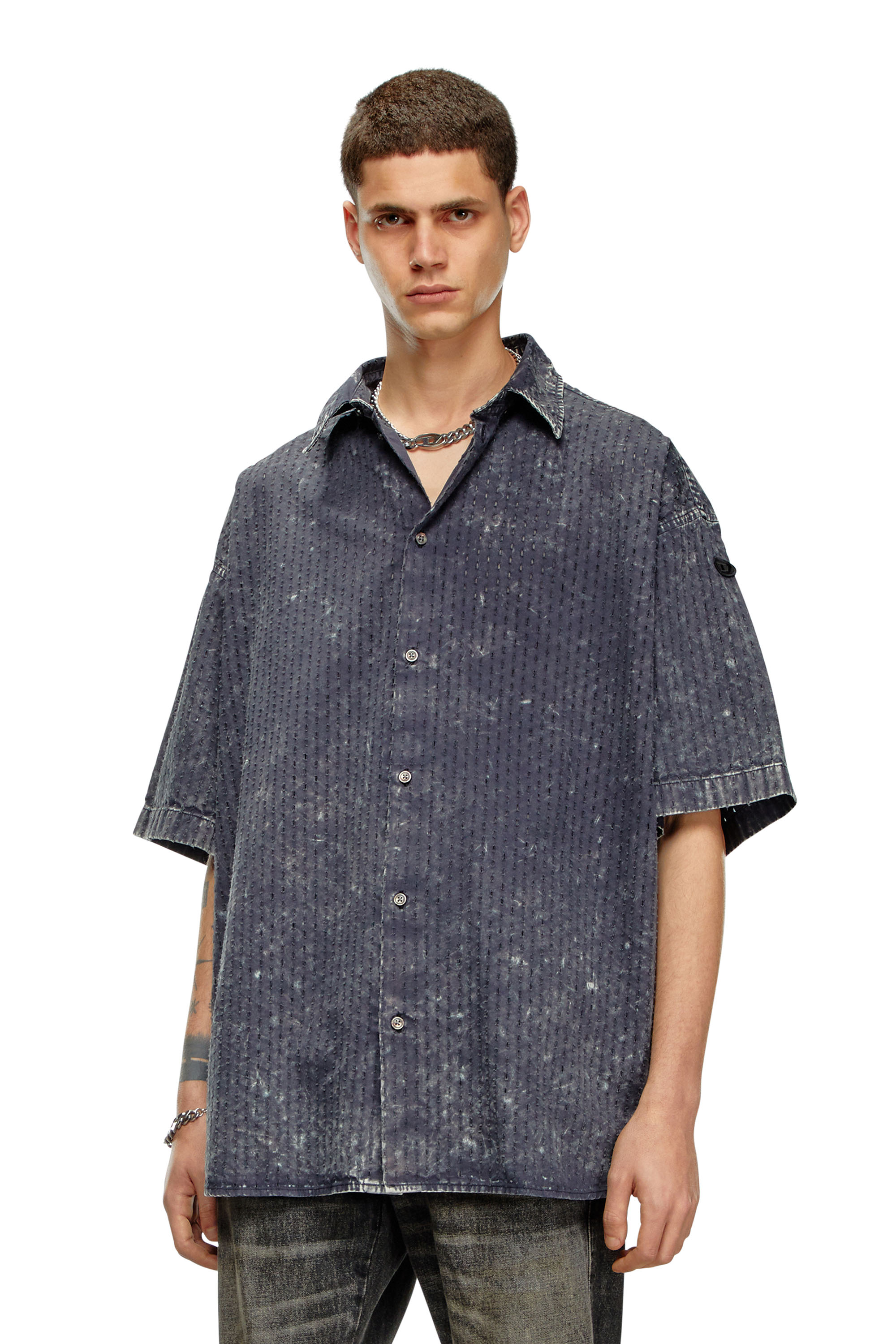 Diesel - S-LAZER, Man Perforated acid-wash short-sleeve shirt in Grey - Image 1