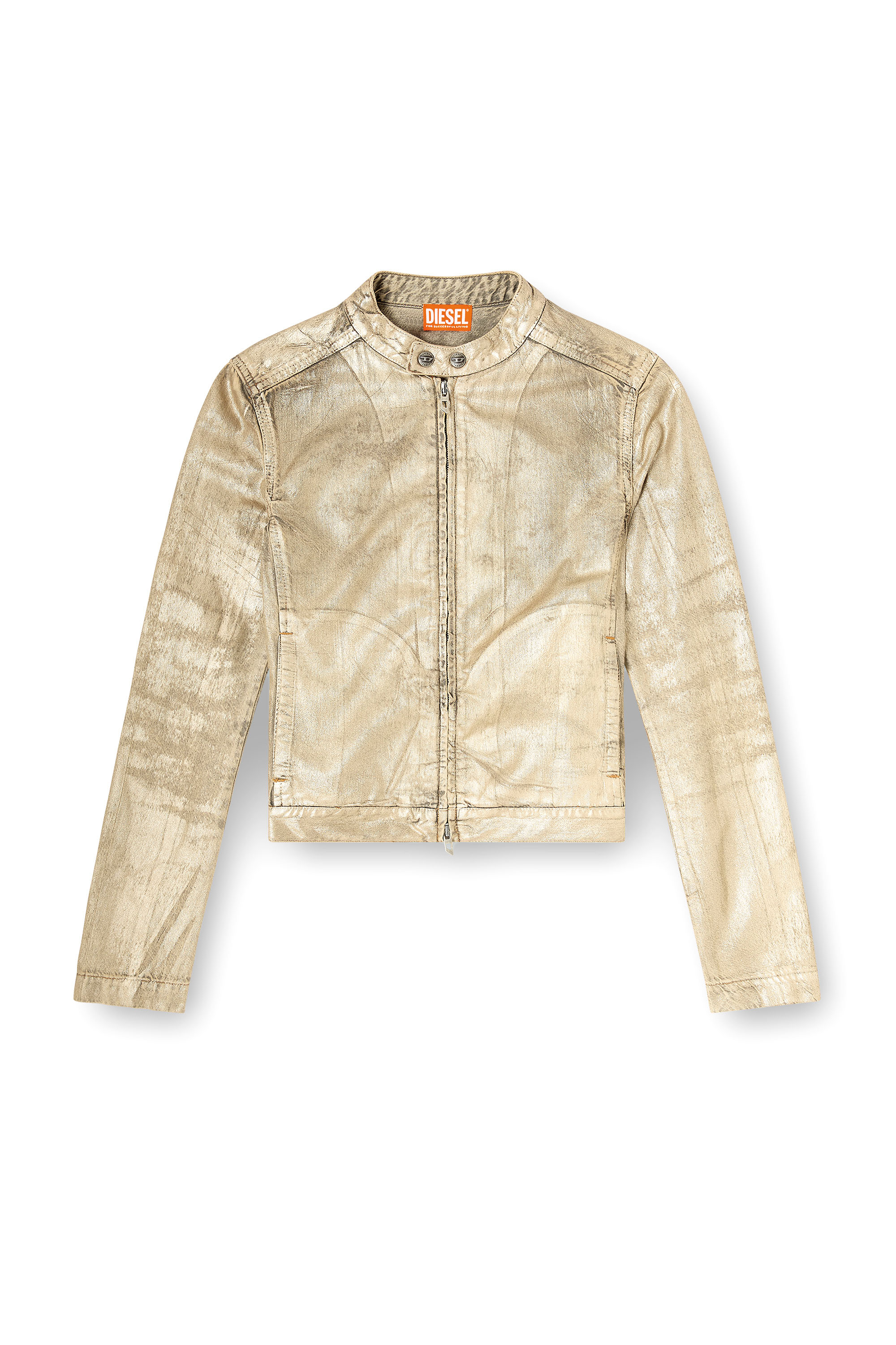 Diesel - DE-MORNIN-KG, Woman's Moto jacket in distressed metallic denim in Gold - 3