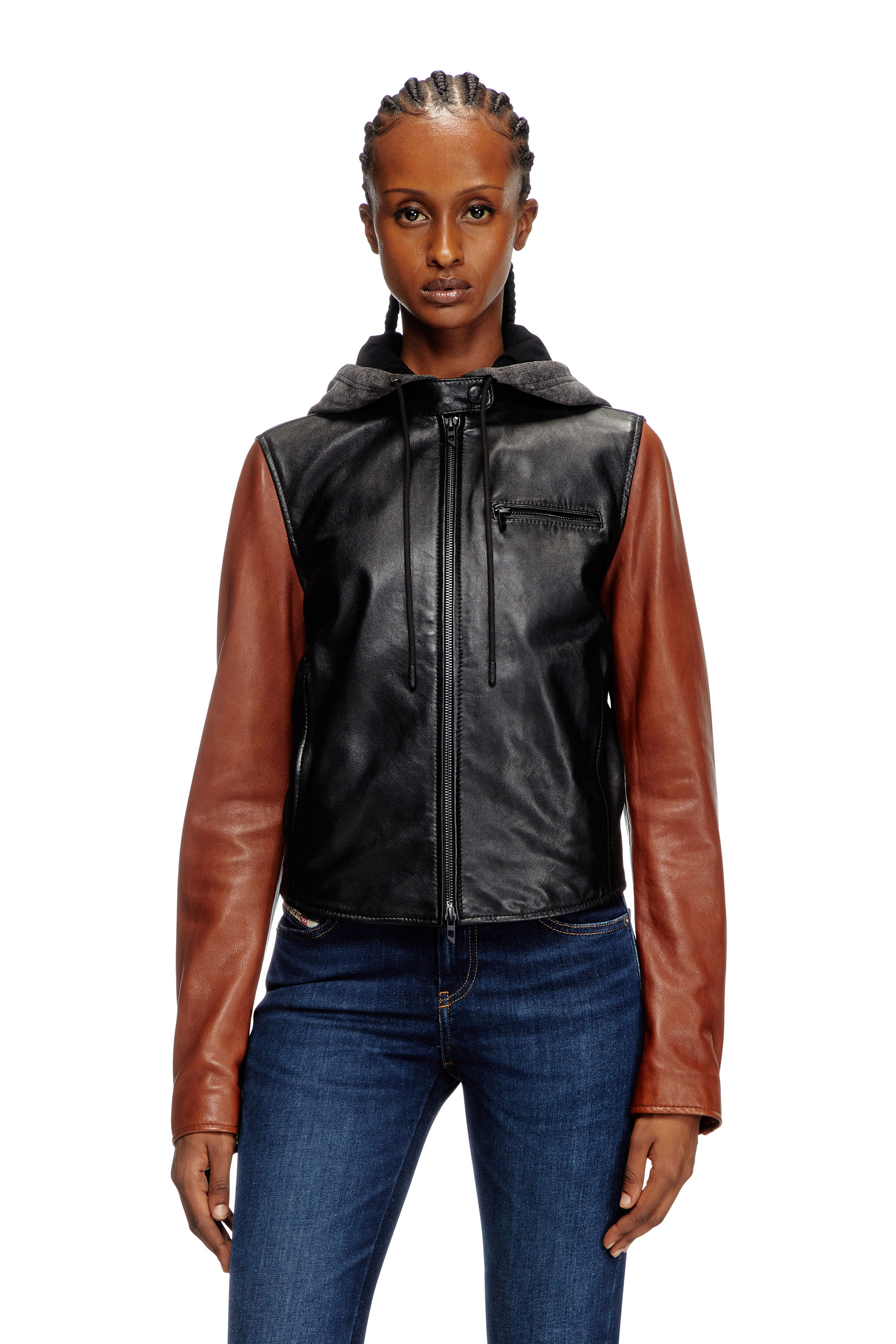 Diesel - L-OUDER, Woman's Colour-block leather jacket in Black/Brown - 1