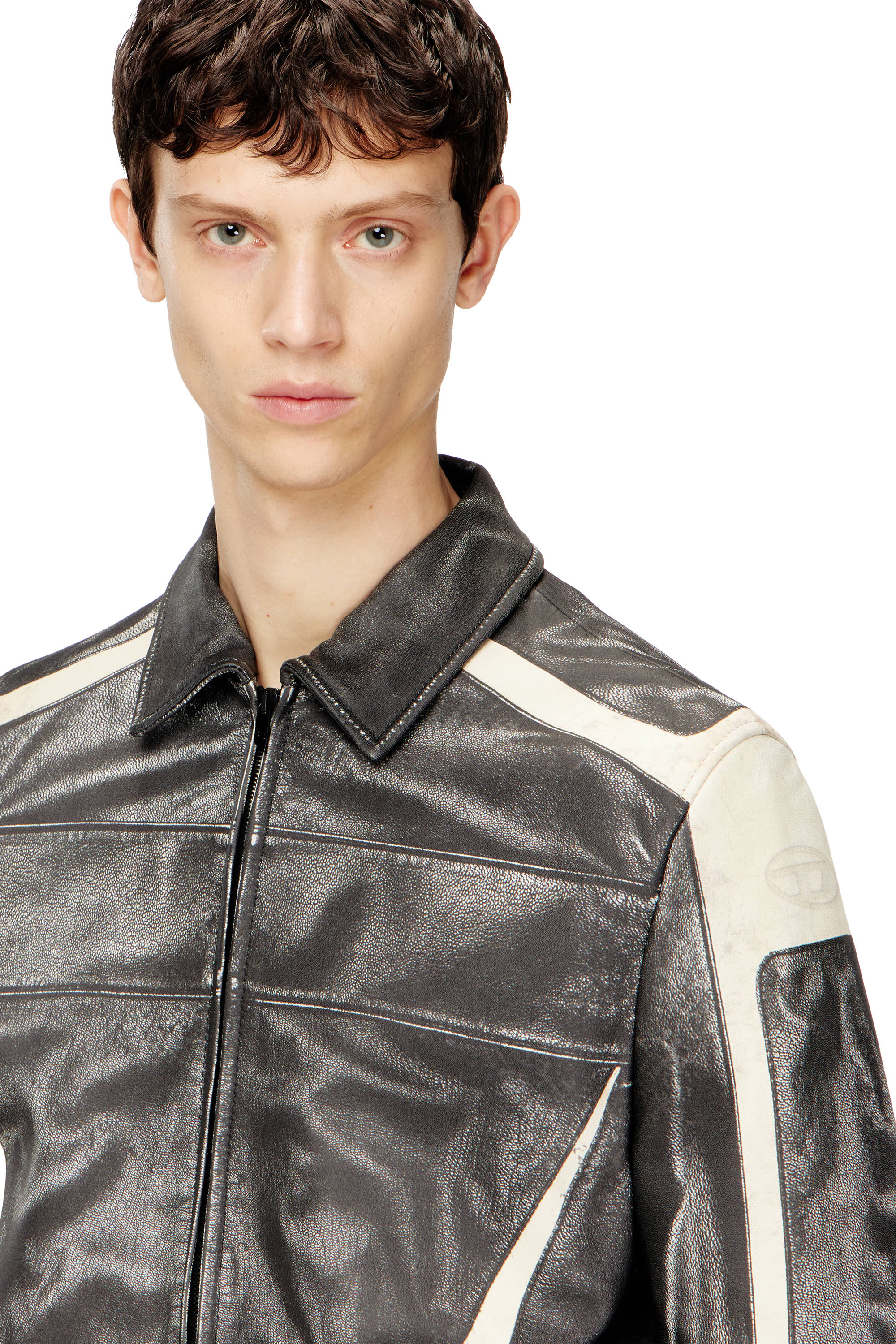 Diesel - L-AMAR-ENBI, Man's Leather coach jacket with biker print in Black/White - 5
