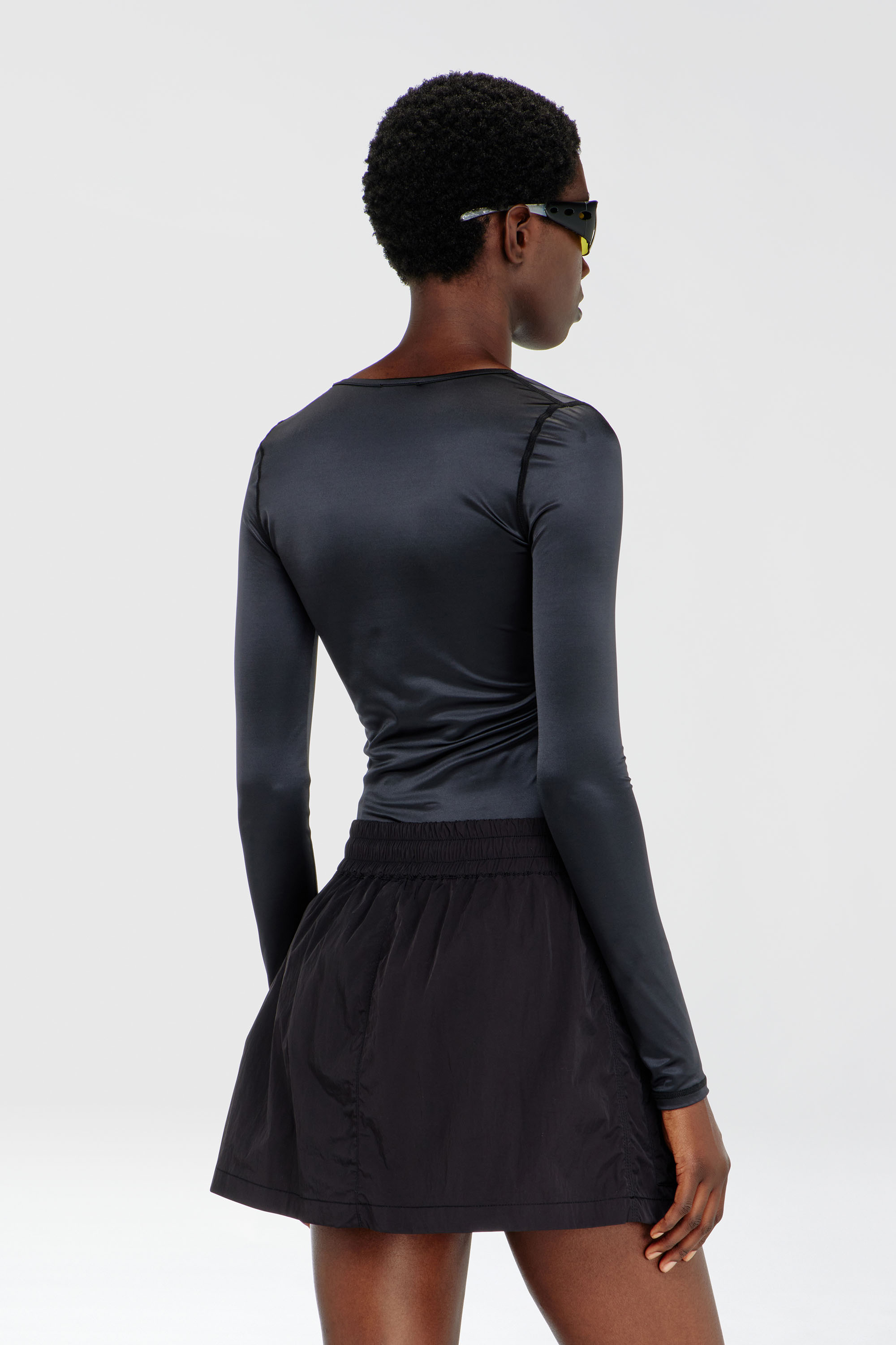 Diesel - T-ELPHIN-LS, Woman's Nylon slim top scoop neck with Logo Oval D embroidery in Black - 4