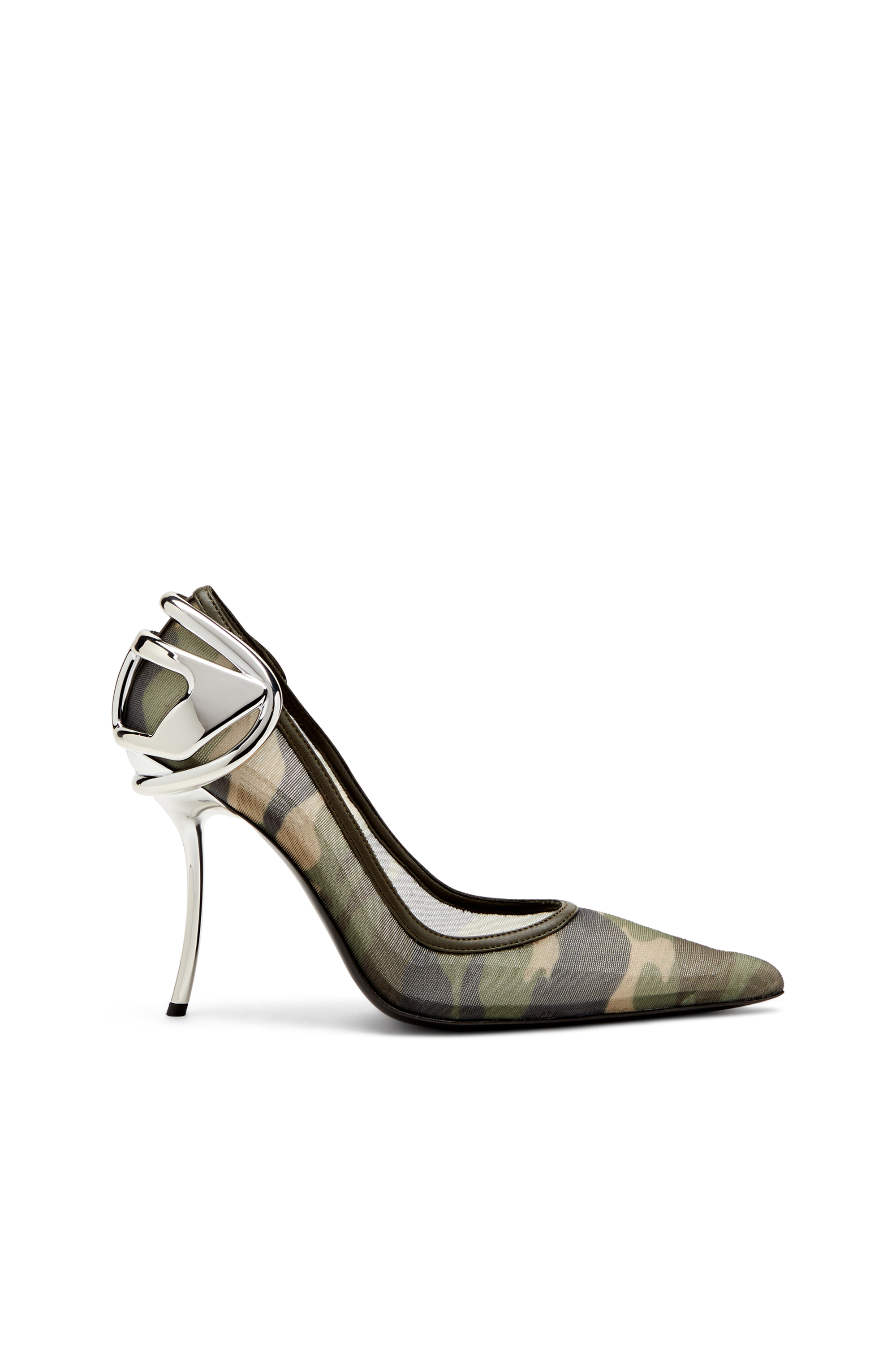 Diesel - D-TEN&HALF P, Woman's Camo-mesh pumps with curved heel in Military Green - 1