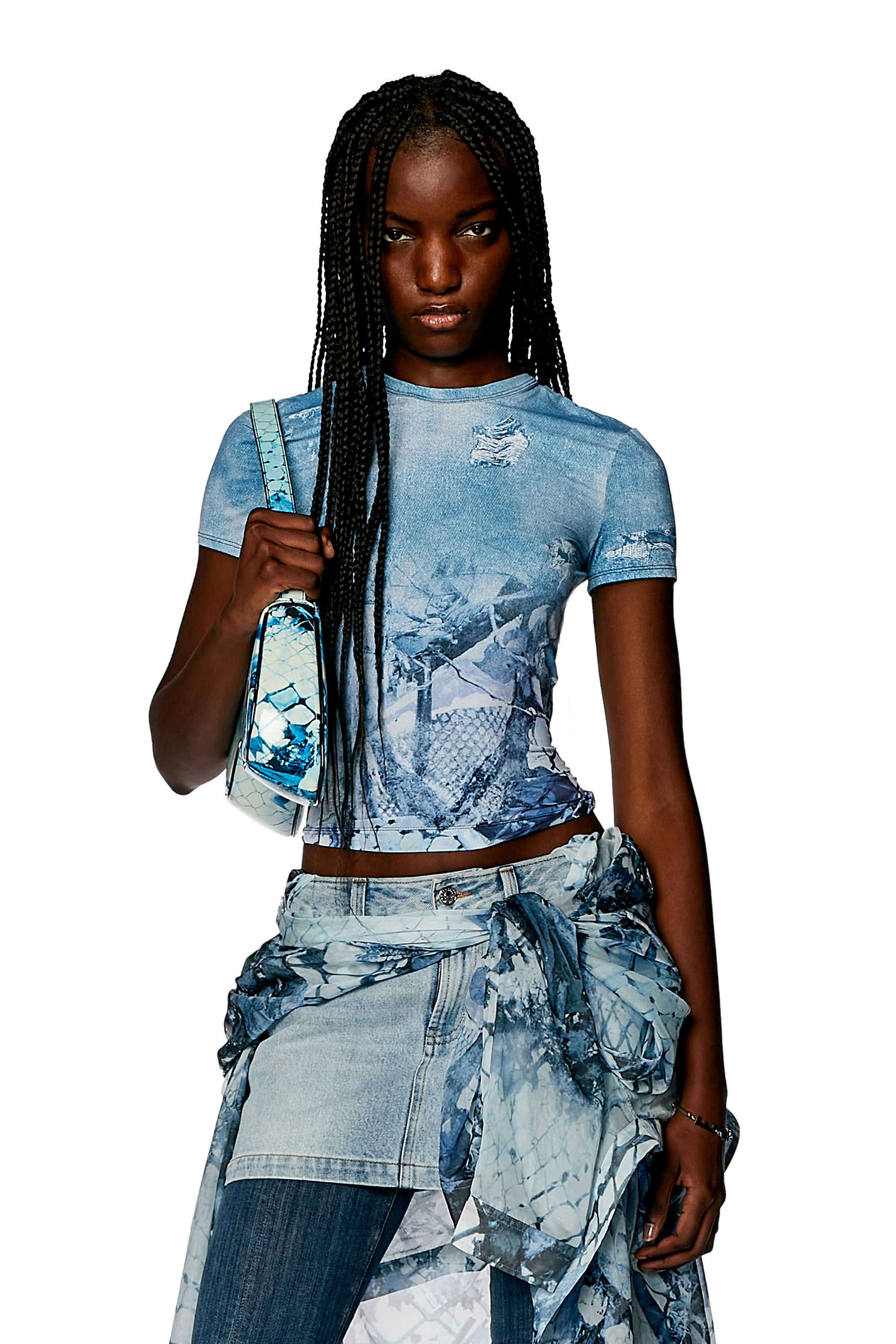 Diesel - T-UNCSKI, Woman's Cropped T-shirt with abstract print in Light Blue - 3