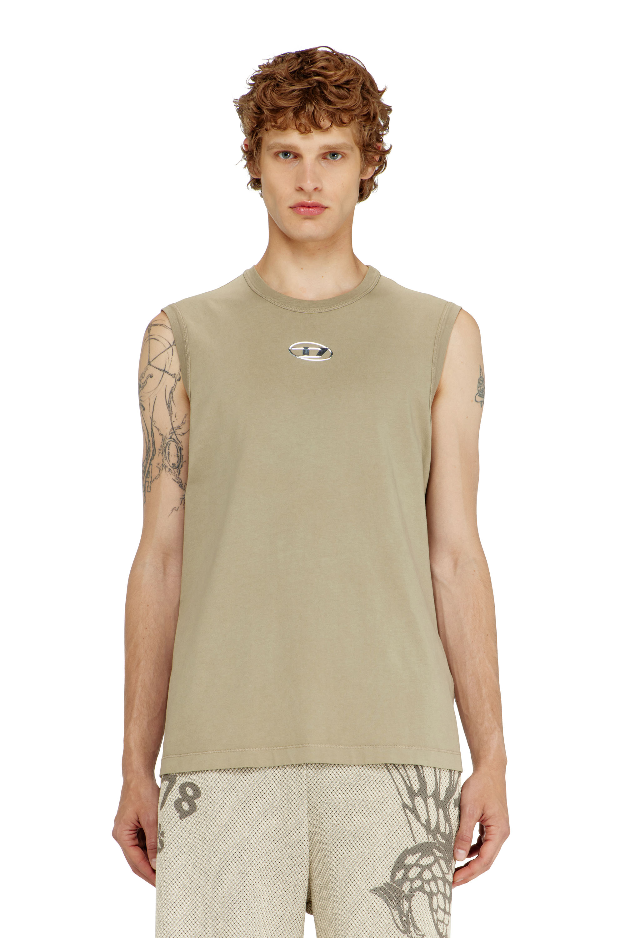 Diesel - T-BISCO-IOD, Man's Cotton tank top with metallic Oval D in Beige - 1