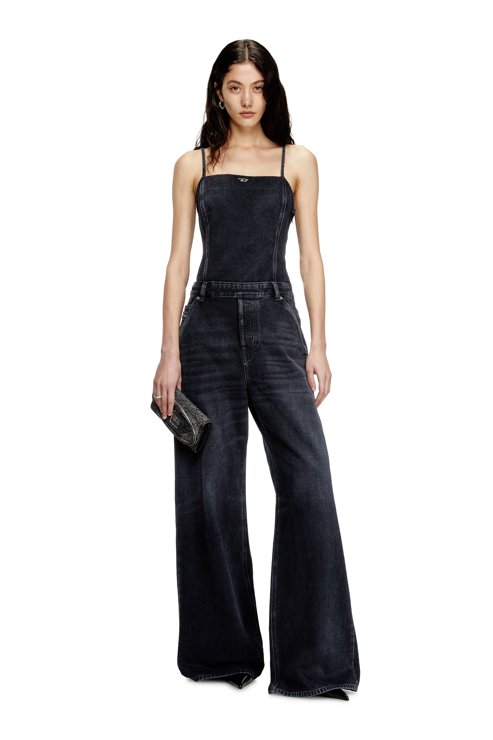 Diesel - DE-VORS, Woman's Strappy jumpsuit in batavia-weave denim in Black - 1