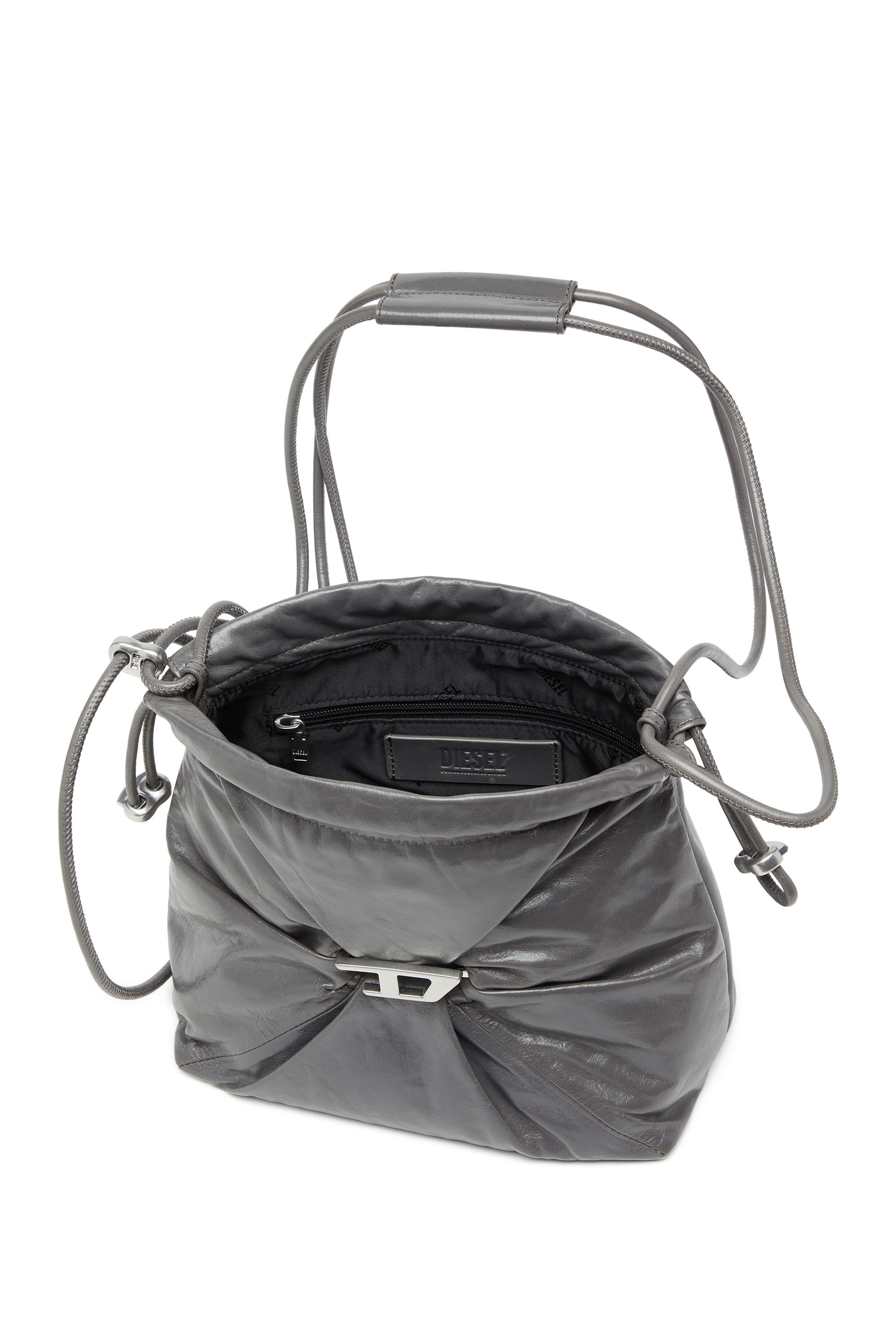 Diesel - SCRUNCH-D BUCKET, Woman's Scrunch-D-Bucket bag in shiny wrinkled leather in Grey - 4