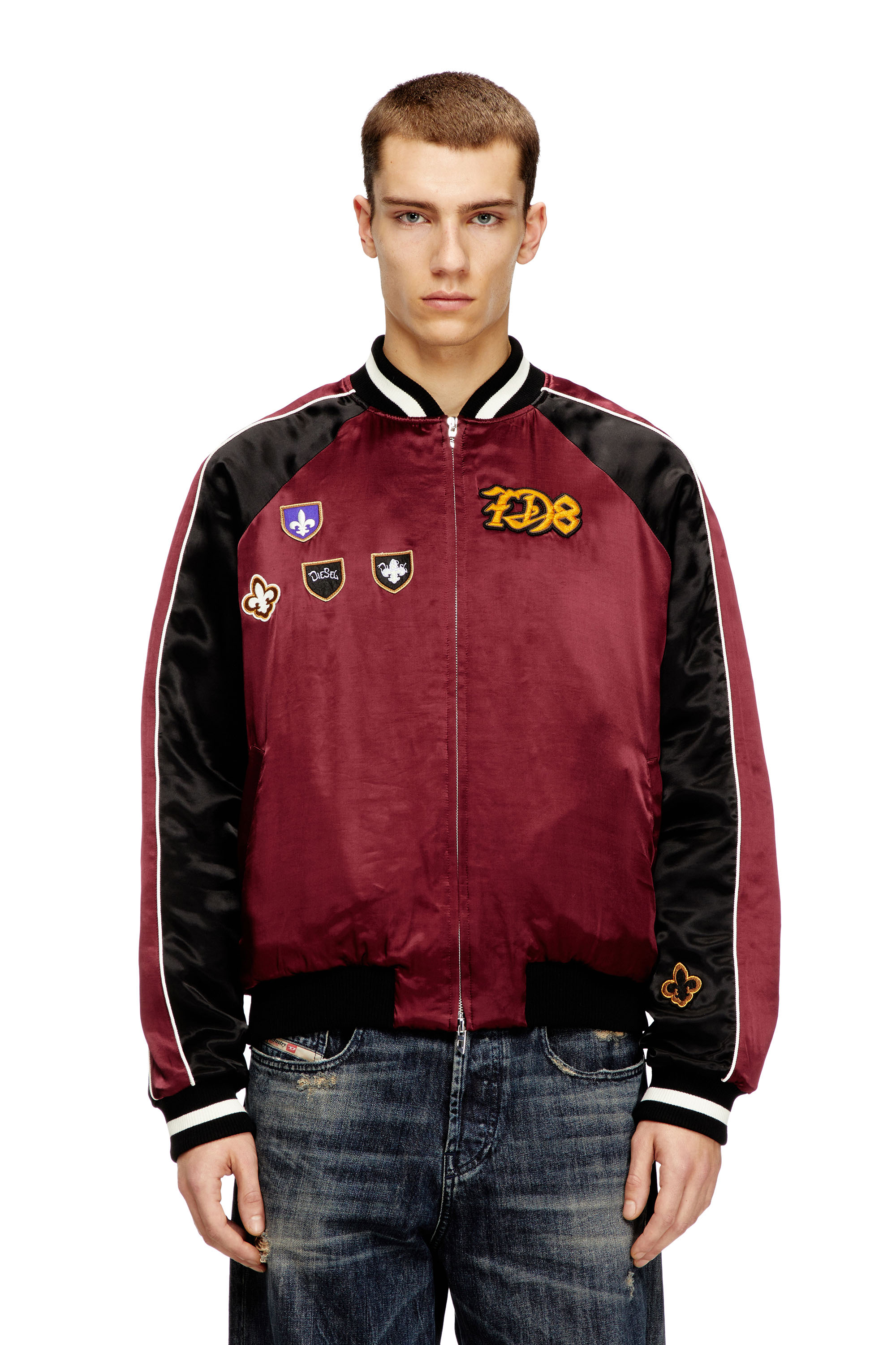 Diesel - J-FOULKES-CP, Man's Cropped satin souvenir jacket in Black/Red - 1