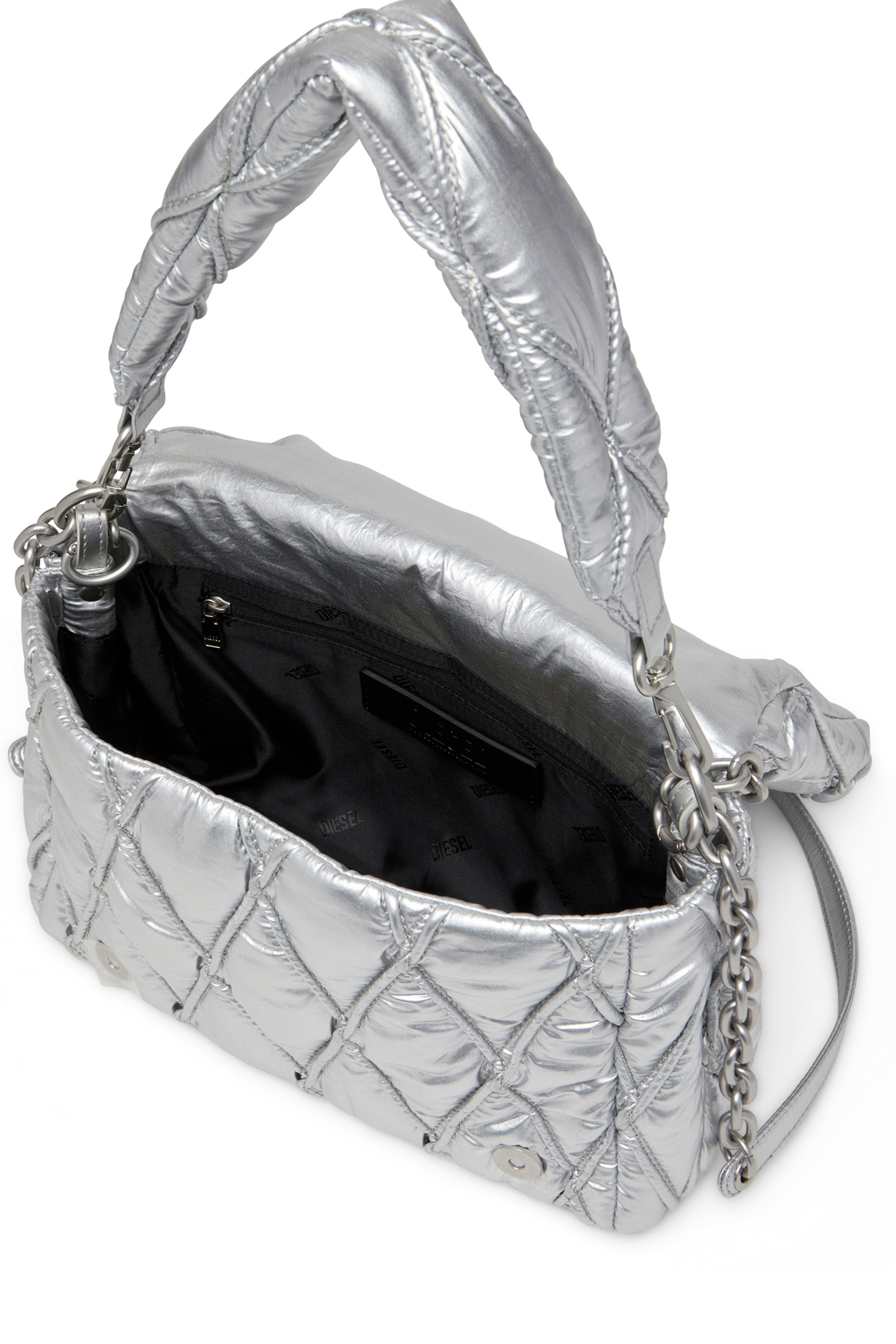 Diesel - CHARM-D SHOULDER M, Woman's Charm-D M-Shoulder bag in quilted metallic nylon in Silver - 4