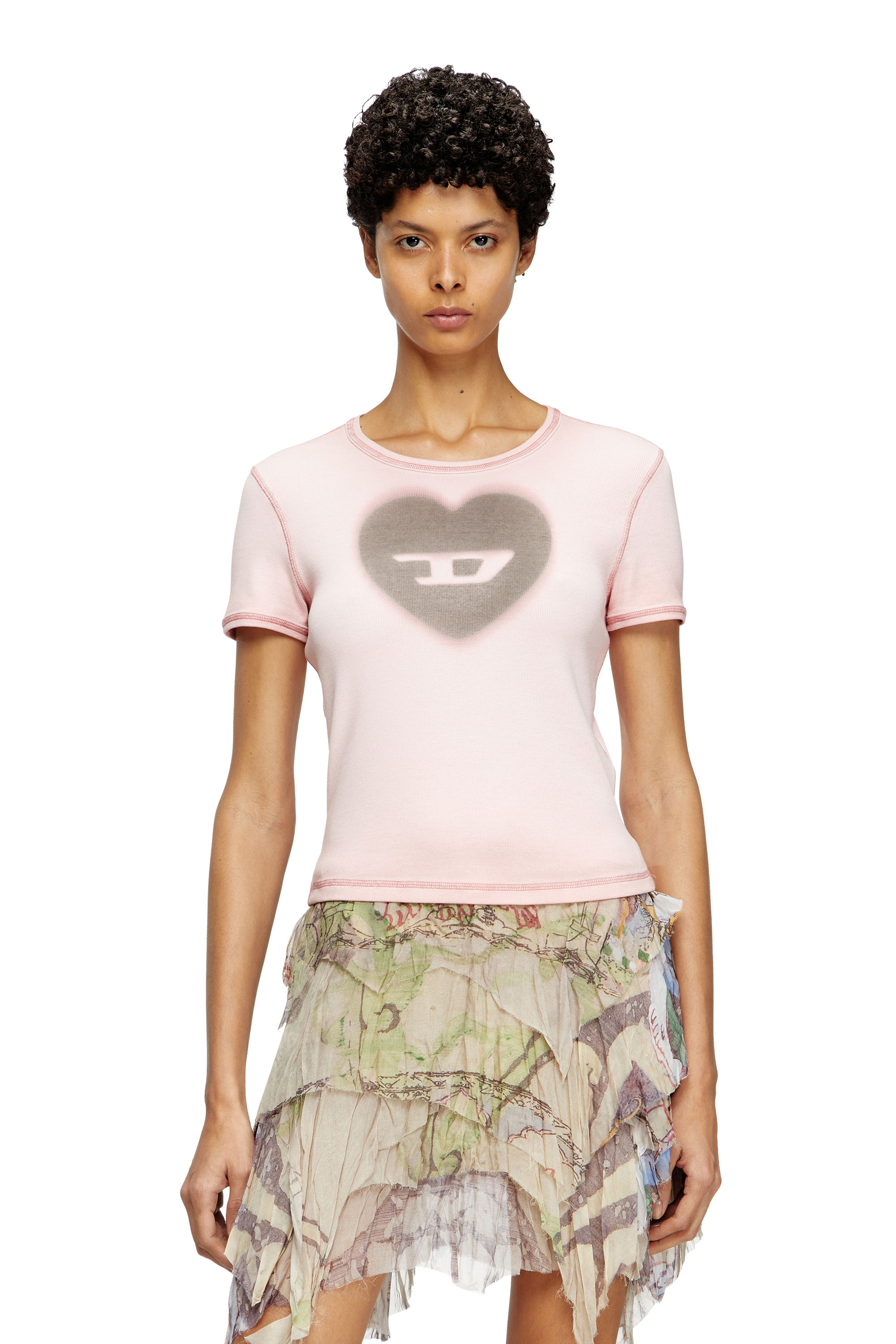 Diesel - T-ELE, Woman's Ribbed T-shirt with watercolour heart D in Face Powder - 3