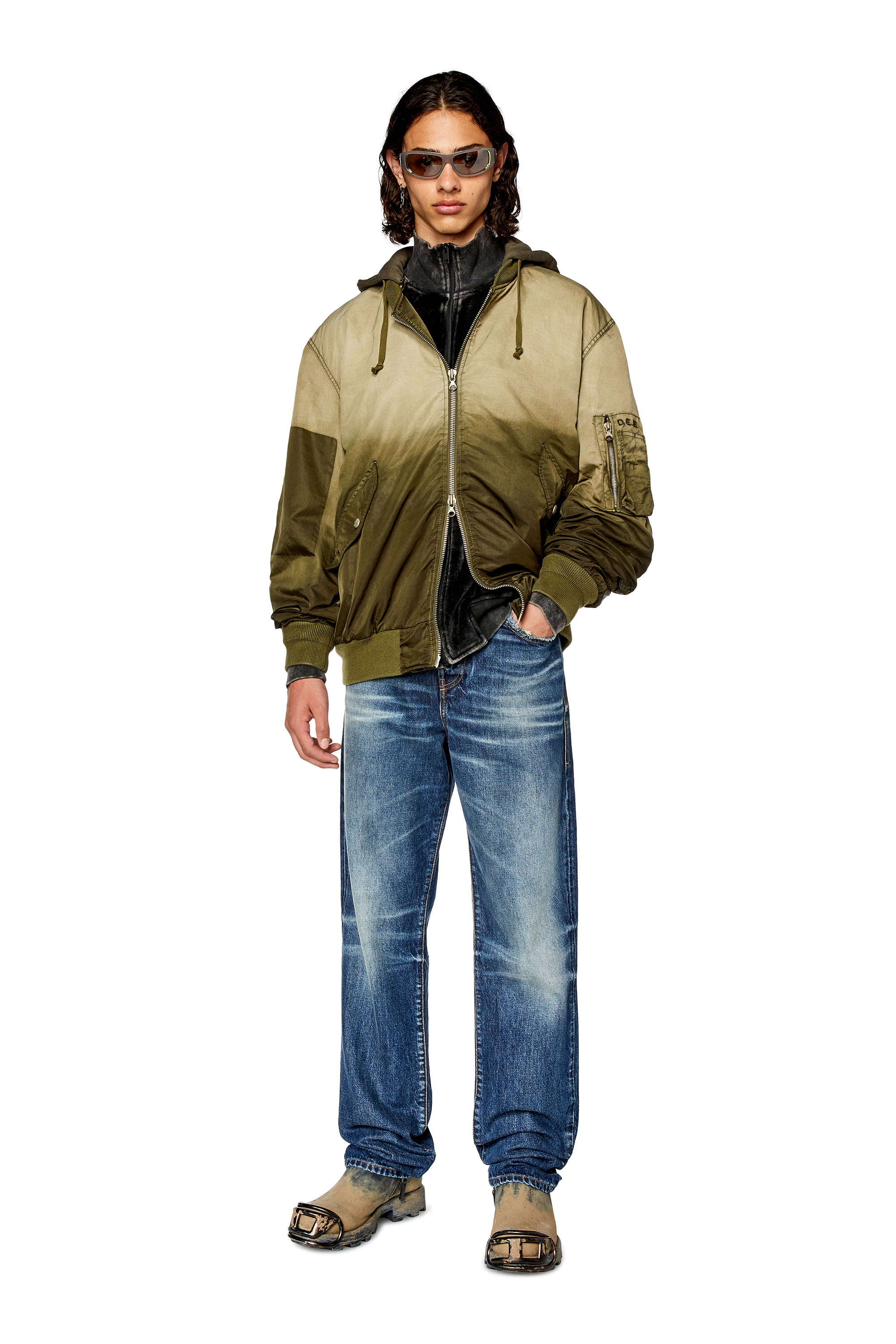 Diesel - J-COMMON, Man's Hooded bomber in treated nylon satin in Light Brown - 1