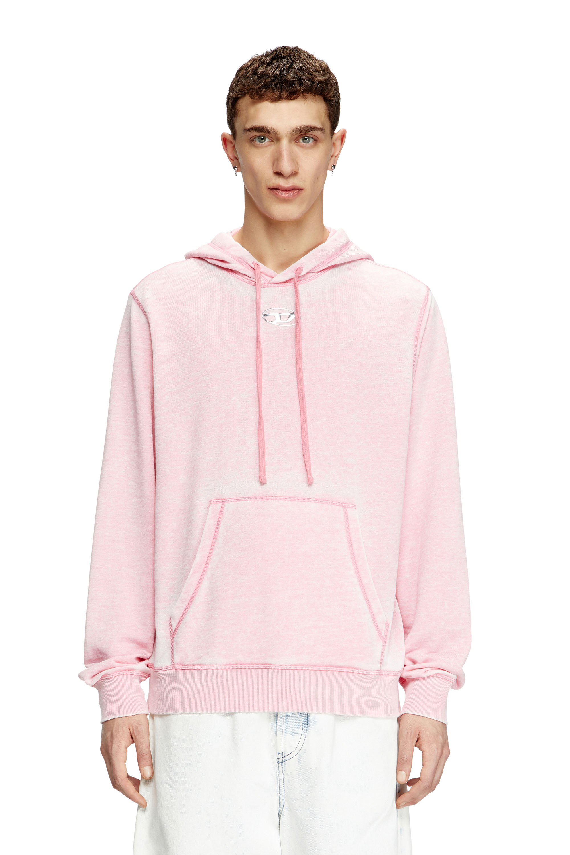 Diesel - S-GINN-HOOD-PAK, Man's Burnout hoodie with metal-look logo in Pink - 1