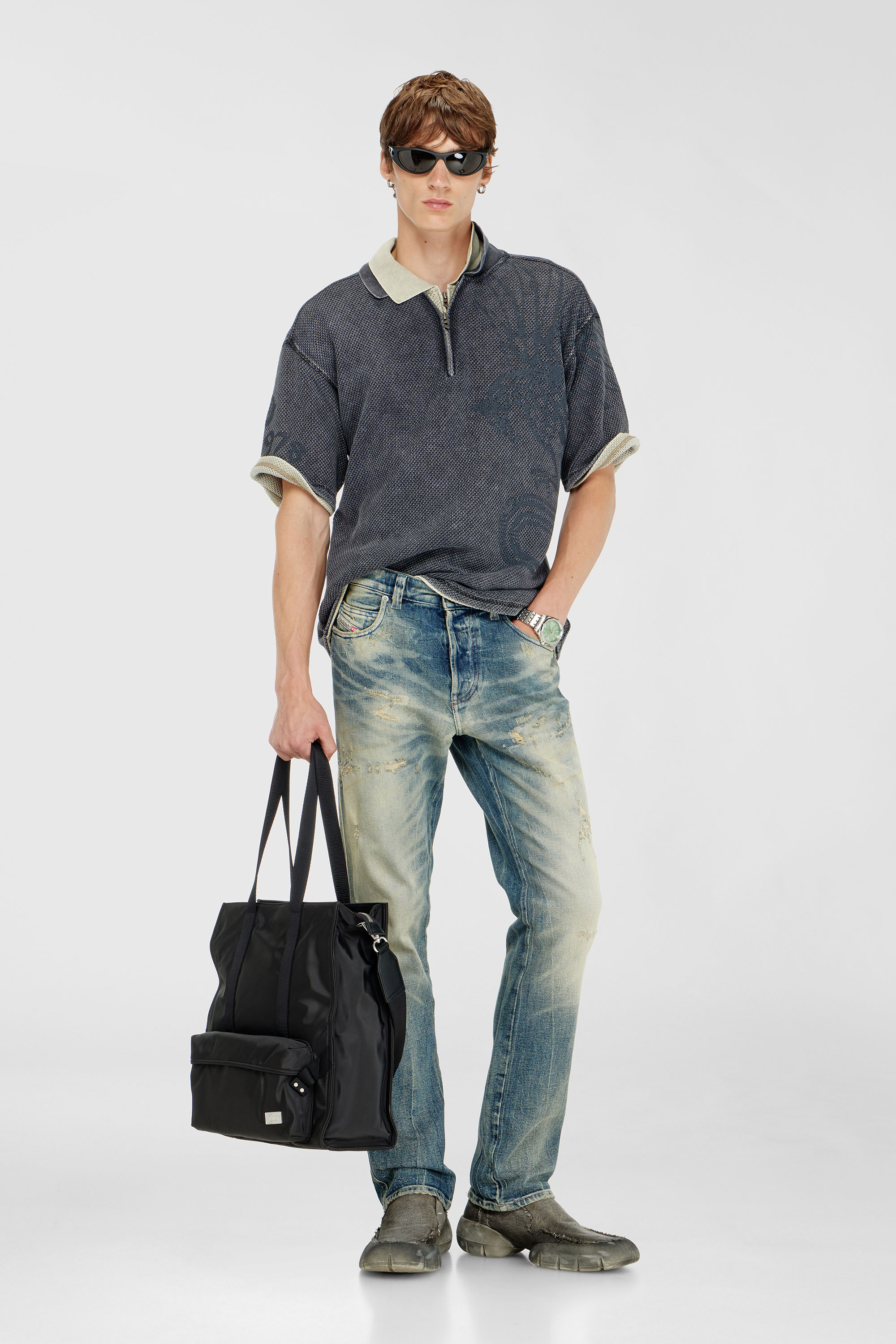 Diesel - T-ERRY-ZIP, Man's Mesh-jacquard polo shirt with Phoenix print in Dark grey - 1