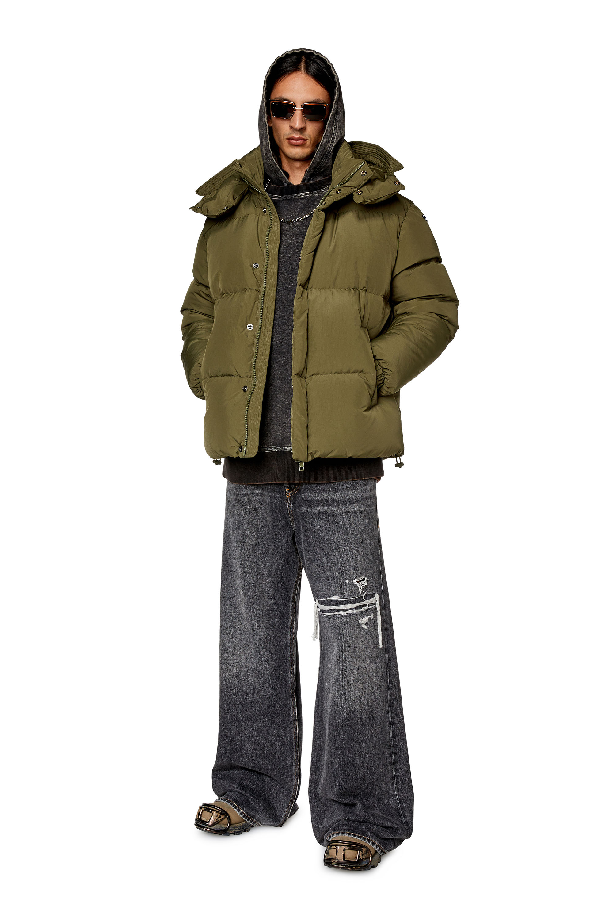 Diesel - W-ROLFYS, Man's Down jacket in recycled nylon taslan in Olive Green - 1